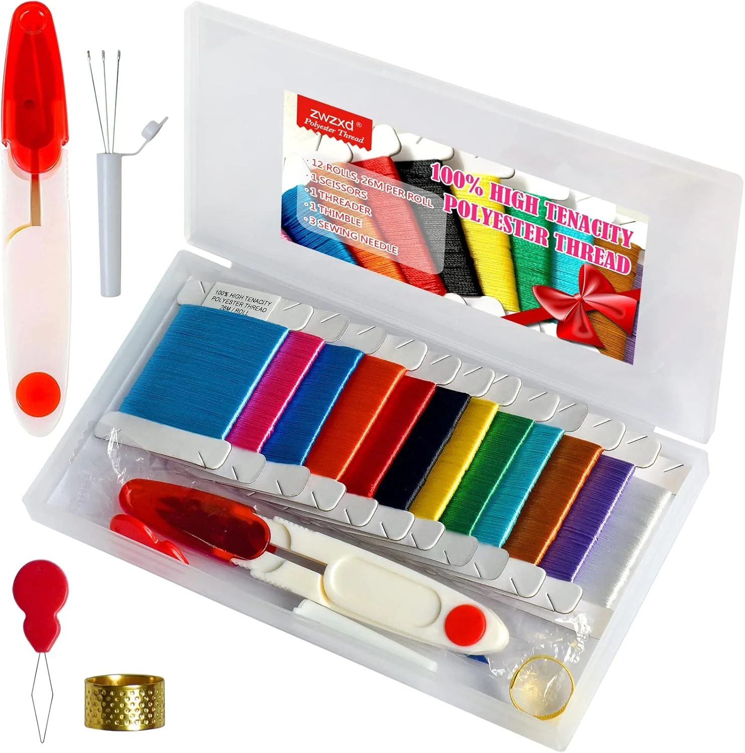 مجموعه 12 رنگ نخ خیاطی پلی استر با مقاومت بالا zwzxd، 26 متر هر کدام به همراه جعبه ابزار