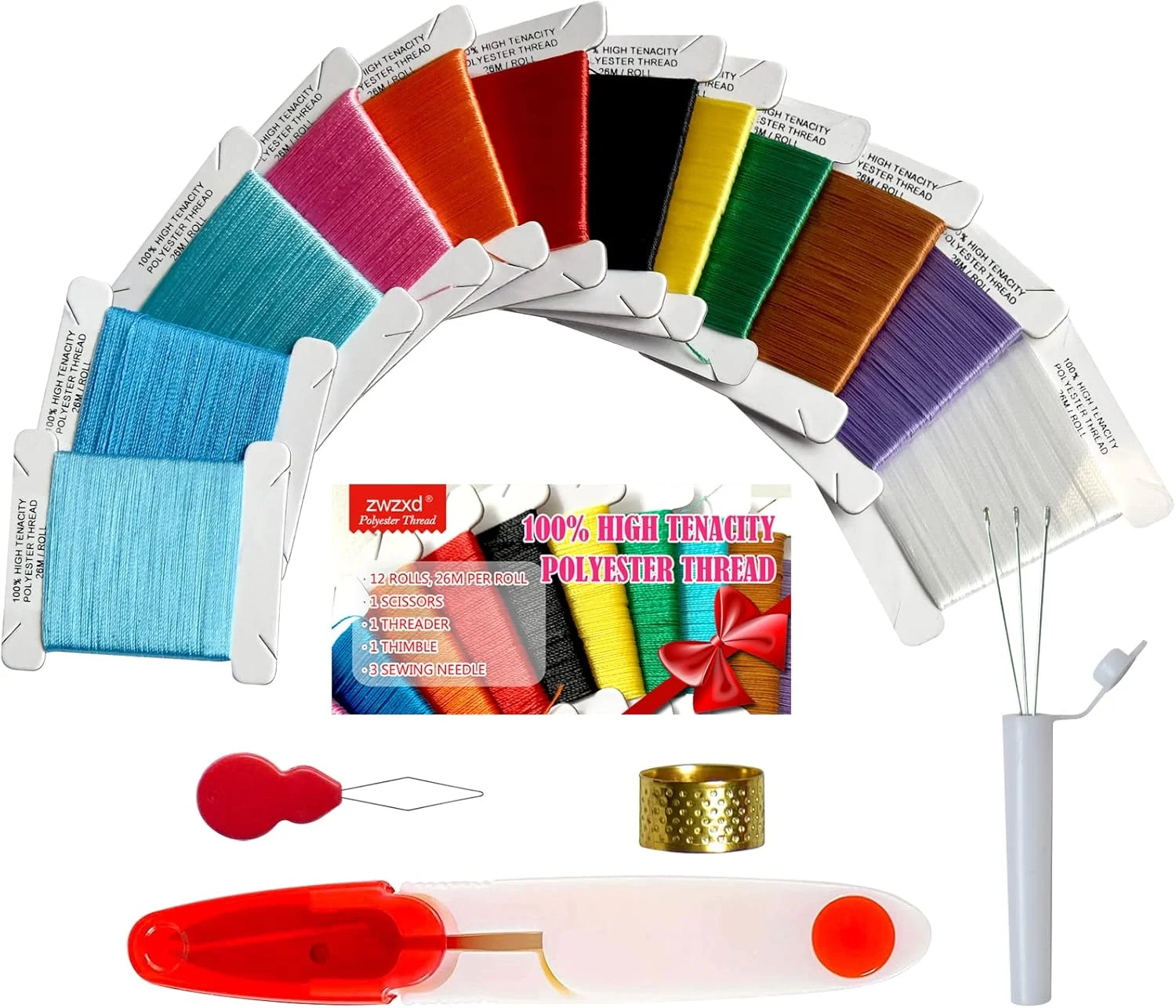 مجموعه 12 رنگ نخ خیاطی پلی استر با مقاومت بالا zwzxd، 26 متر هر کدام به همراه جعبه ابزار مجموعه 12 رنگ نخ خیاطی پلی استر با مقاومت بالا zwzxd، 26 متر هر کدام به همراه جعبه ابزار