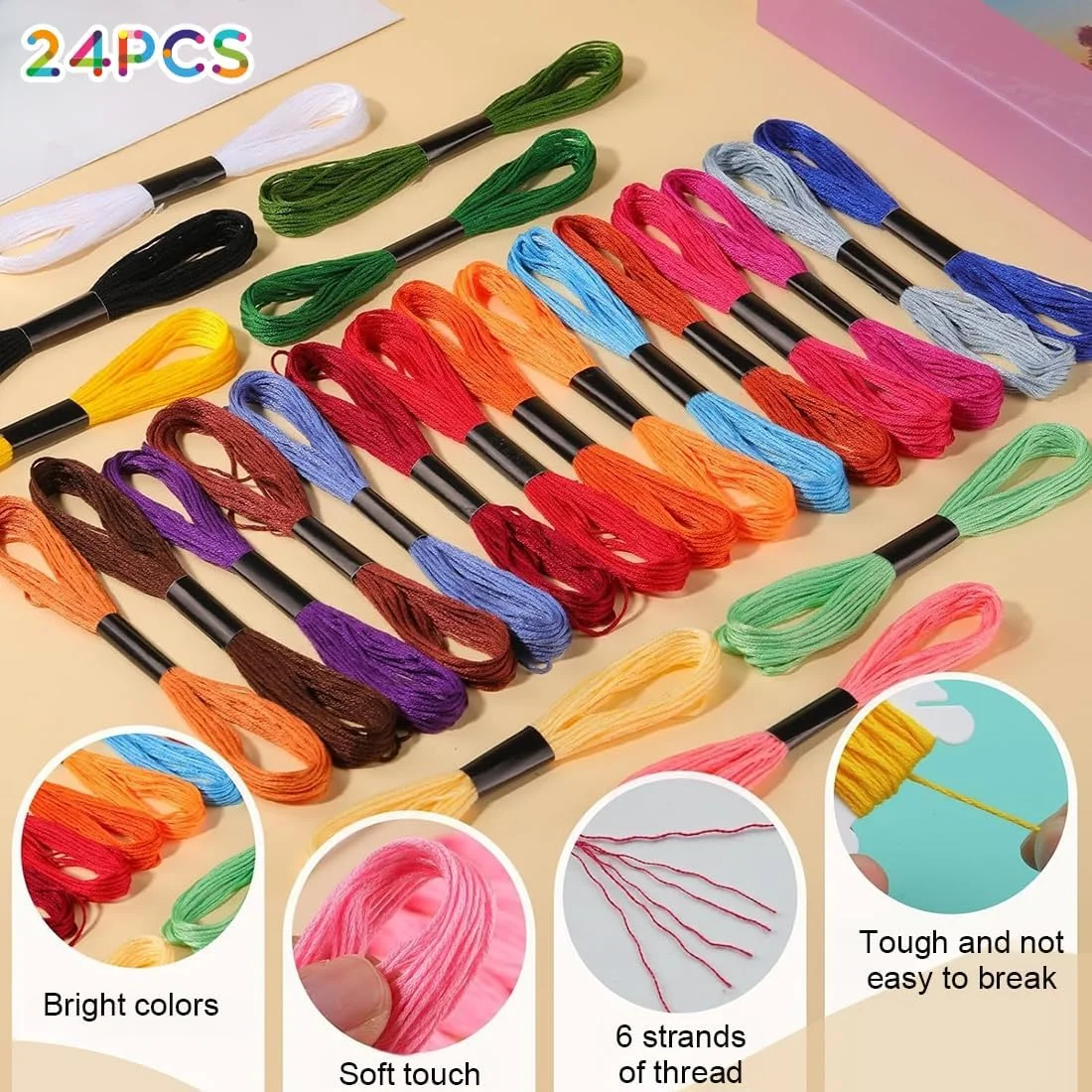 نخ گلدوزی ZKGYUS، نخ دندان گلدوزی چند رنگ پلی استر نرم مناسب برای دستبندها، مجموعه صنایع دستی گلدوزی، هنر، کوک متقاطع 8 متری 6 رشته نخ، نخ های خیاطی، قلاب بافی (24 رنگ) نخ گلدوزی ZKGYUS، نخ دندان گلدوزی چند رنگ پلی استر نرم مناسب برای دستبندها، مجموعه صنایع دستی گلدوزی، هنر، کوک متقاطع 8 متری 6 رشته نخ، نخ های خیاطی، قلاب بافی (24 رنگ)