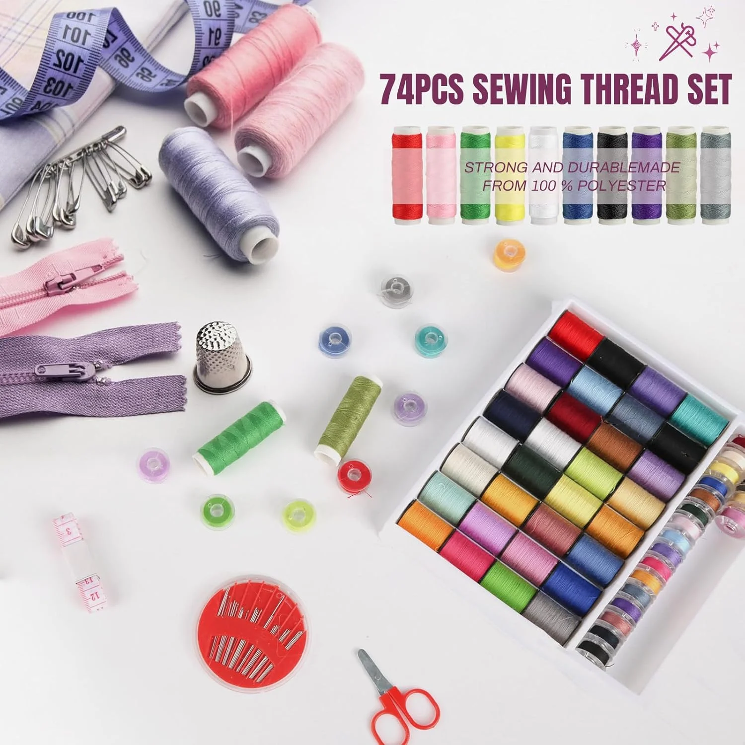 مجموعه نخ خیاطی ZEFAN، 74 تکه نخ خیاطی برای چرخ خیاطی، مجموعه نخ خیاطی رنگی مخلوط با لوازم جانبی برای دست و چرخ خیاطی مجموعه نخ خیاطی ZEFAN، 74 تکه نخ خیاطی برای چرخ خیاطی، مجموعه نخ خیاطی رنگی مخلوط با لوازم جانبی برای دست و چرخ خیاطی