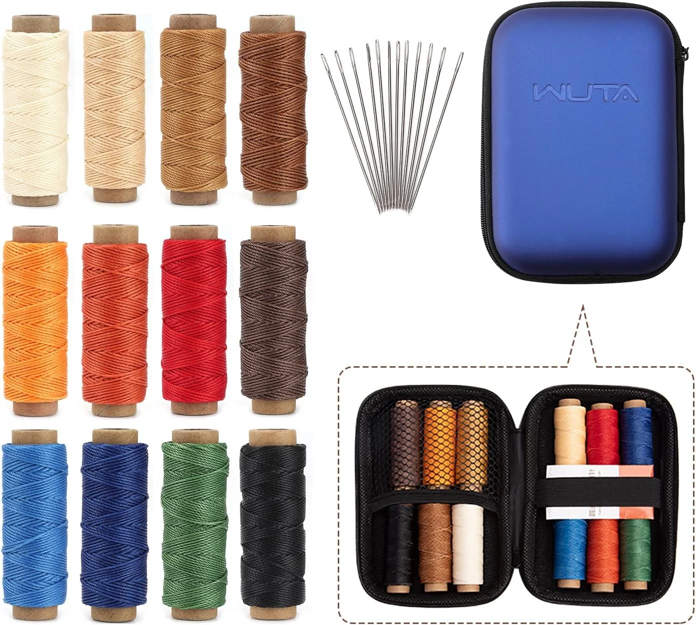 نخ دوخت چرم WUTA، 12 رنگ، نخ دوخت گرد به همراه 12 سوزن و کیف نگهداری، نخ موم زده دوخت چرم (0.65 میلی متر) نخ دوخت چرم WUTA، 12 رنگ، نخ دوخت گرد به همراه 12 سوزن و کیف نگهداری، نخ موم زده دوخت چرم (0.65 میلی متر)