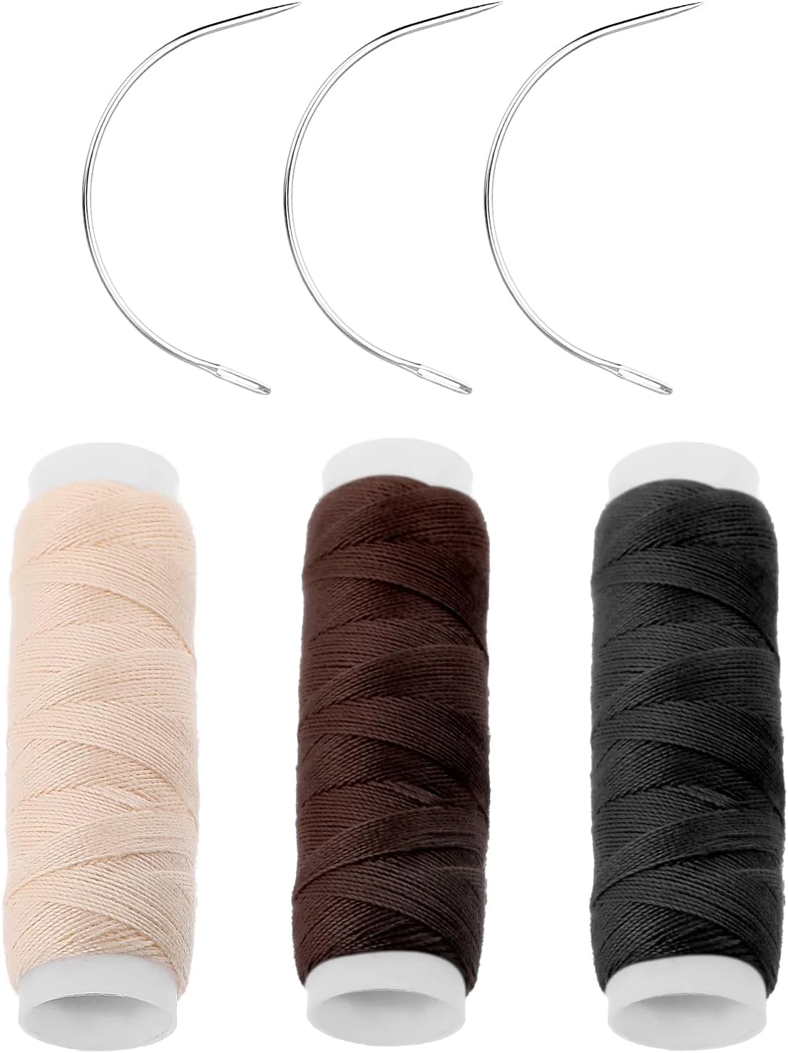 3 رول نخ بافت مو، ابزار حرفه ای اکستنشن مو، مجموعه نخ و سوزن خیاطی، نخ اکستنشن مو با 3 عدد سوزن C شکل برای ساخت کلاه گیس، اکستنشن بافت مو با خیاطی دستی DIY