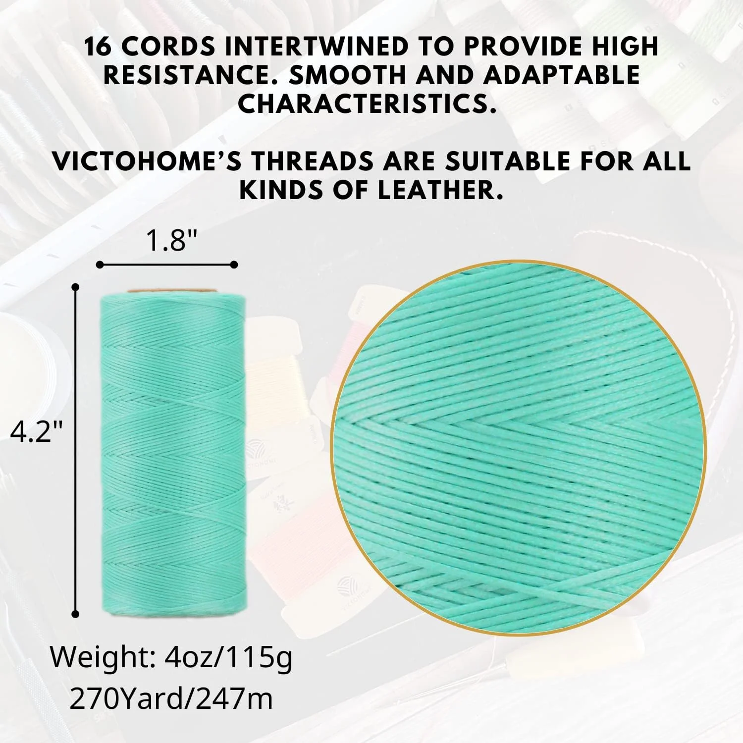 نخ موم زده 100% پلی استر ویکتوهوم، 150D/0.8mm، 247 متر. نخ های چند منظوره برای دوخت دستی پروژه های چرمی و صنایع دستی. (فیروزه ای) نخ موم زده 100% پلی استر ویکتوهوم، 150D/0.8mm، 247 متر. نخ های چند منظوره برای دوخت دستی پروژه های چرمی و صنایع دستی. (فیروزه ای)