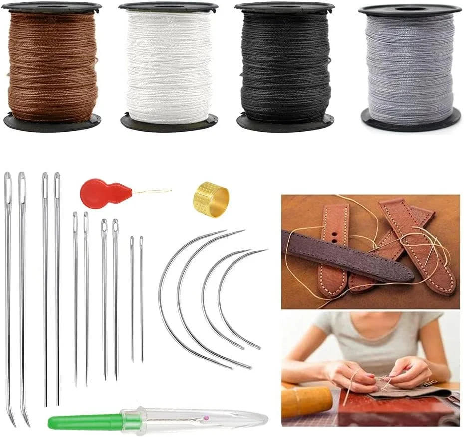 نخ و سوزن های روکش دوزی سنگین برای دوخت دستی، کیت تعمیر روکش چرمی شامل نخ نایلونی فوق العاده قوی، سوزن های دستی سنگین، نخ باز کن، بشکاف و انگشتانه خیاطی