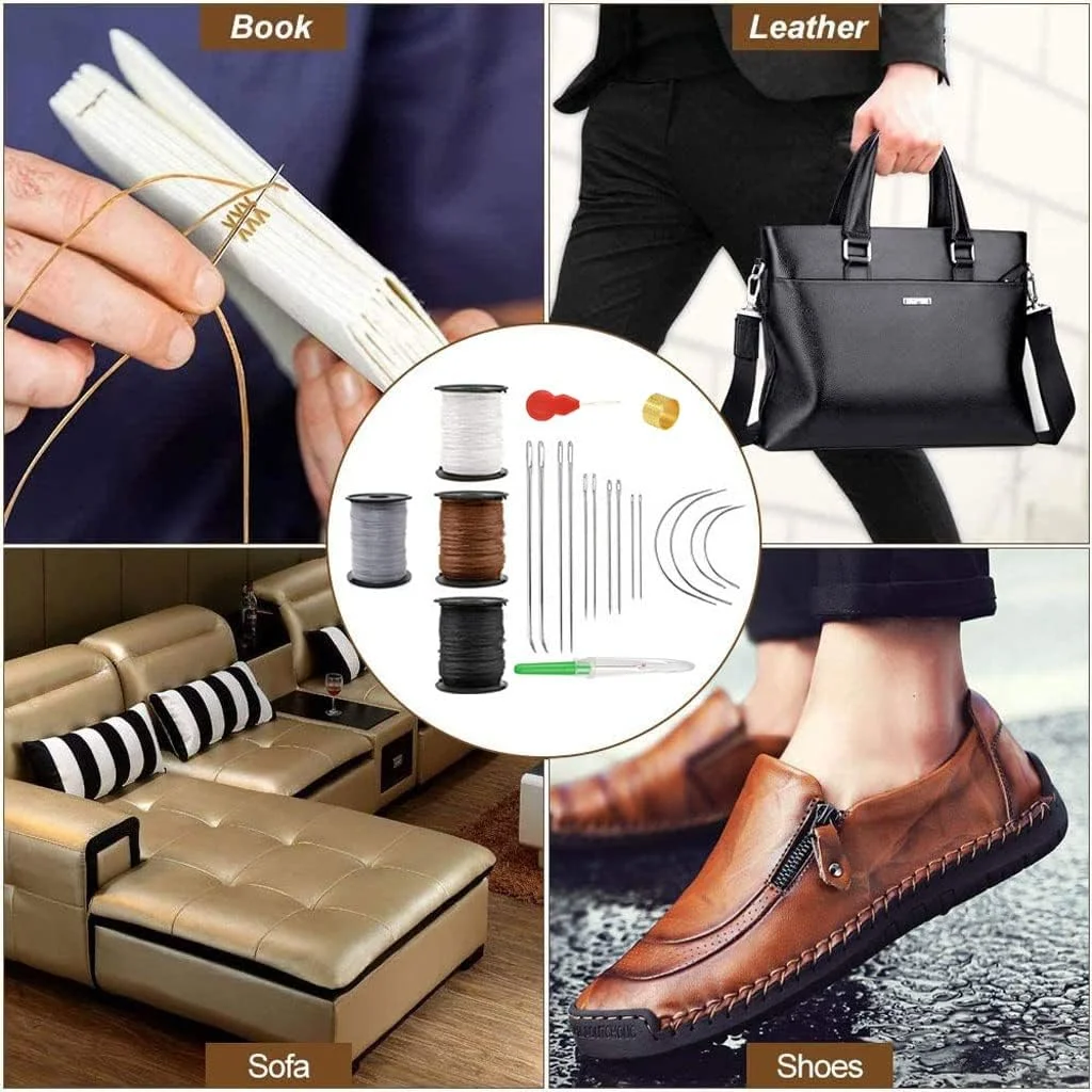 نخ و سوزن های روکش دوزی سنگین برای دوخت دستی، کیت تعمیر روکش چرمی شامل نخ نایلونی فوق العاده قوی، سوزن های دستی سنگین، نخ باز کن، بشکاف و انگشتانه خیاطی نخ و سوزن های روکش دوزی سنگین برای دوخت دستی، کیت تعمیر روکش چرمی شامل نخ نایلونی فوق العاده قوی، سوزن های دستی سنگین، نخ باز کن، بشکاف و انگشتانه خیاطی