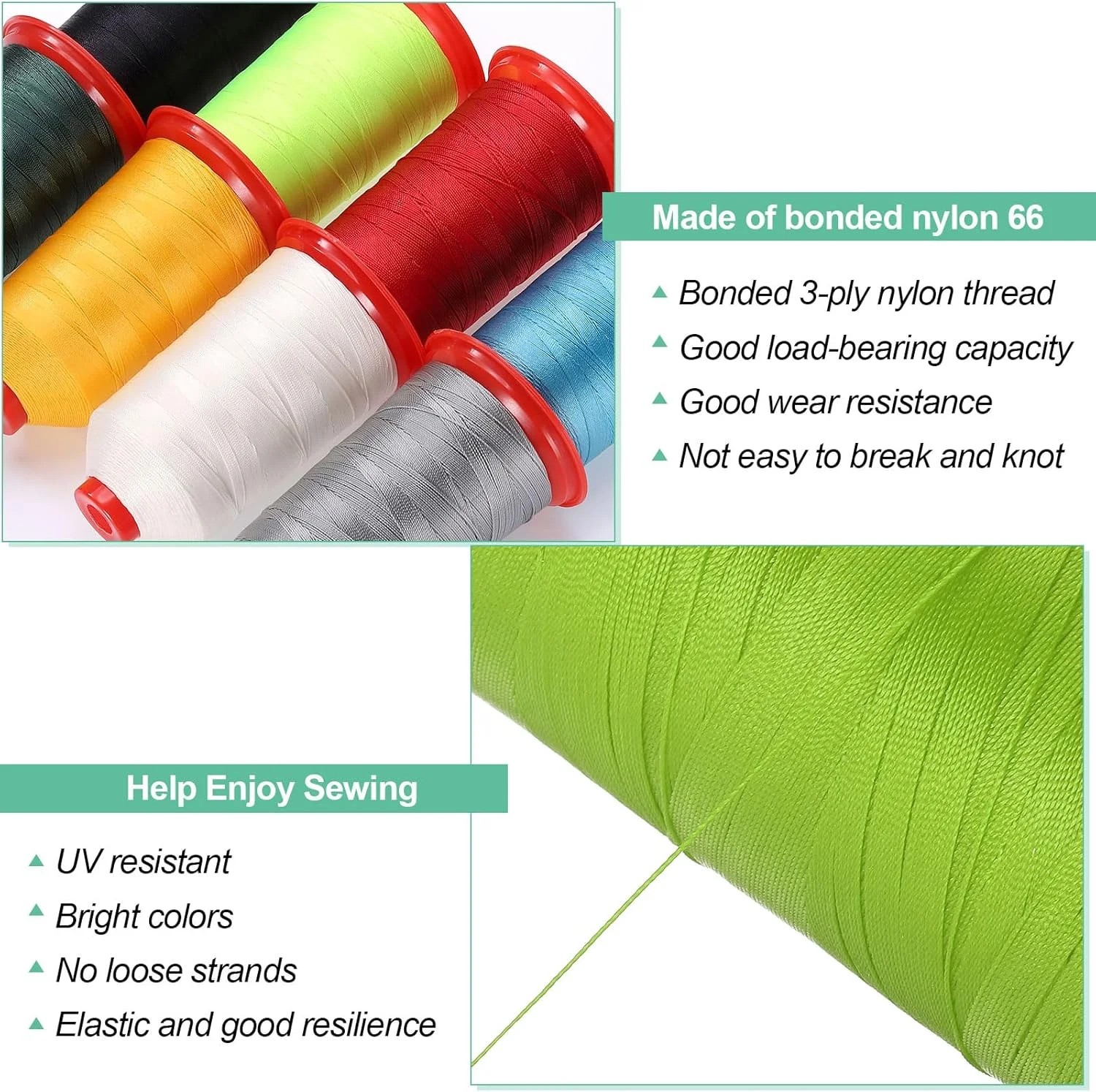 نخ دوخت نایلونی پیوندی 1800 متری سایز 280D/3 مناسب چرم، جین و بافت با ماشین DIY رنگ سبز لیمویی نخ دوخت نایلونی پیوندی 1800 متری سایز 280D/3 مناسب چرم، جین و بافت با ماشین DIY رنگ سبز لیمویی