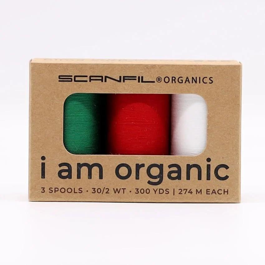 نخ ارگانیک اسکنفیل I Am Organic - 3 عدد ماسوره 30/2 با طول 300 یارد - دارای گواهینامه GOTS و OEKO-TEX (تعطیلات - سبز، سفید و قرمز)