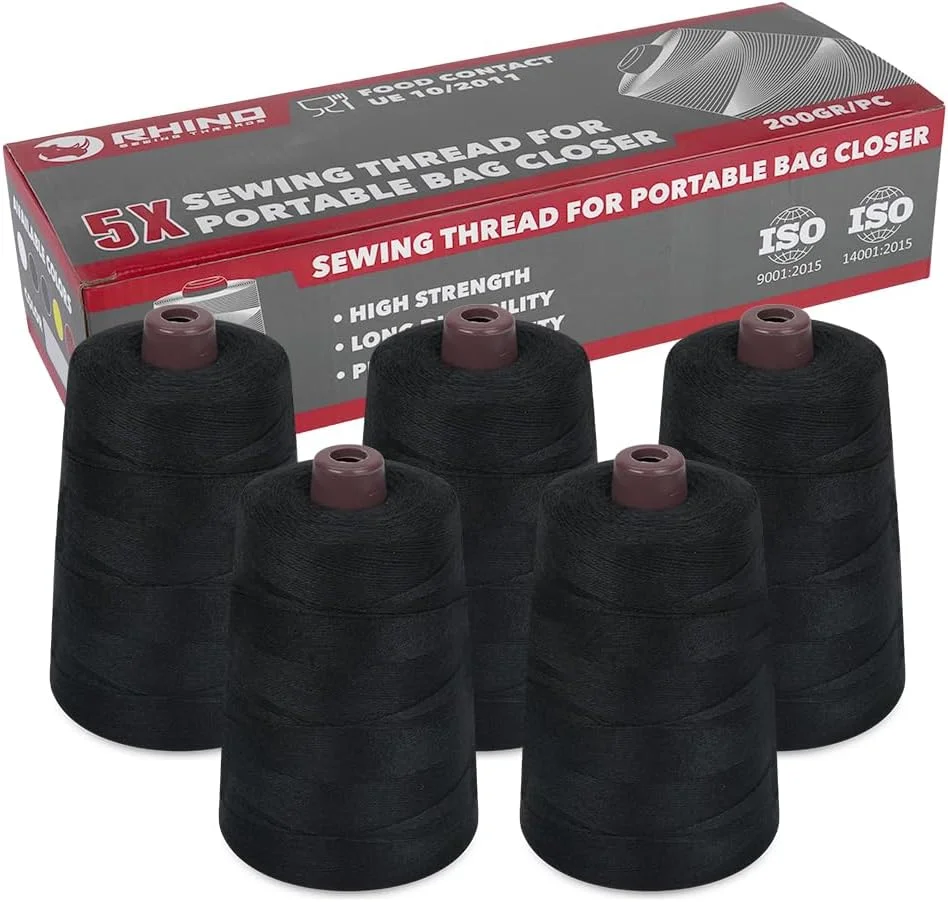 بسته 5 عددی نخ قرقره راینو برای چرخ خیاطی گونی دوزی | مخروط های پلی استر 12/4 200 گرمی برای بستن گونی با استحکام بالا | مناسب برای تماس با مواد غذایی