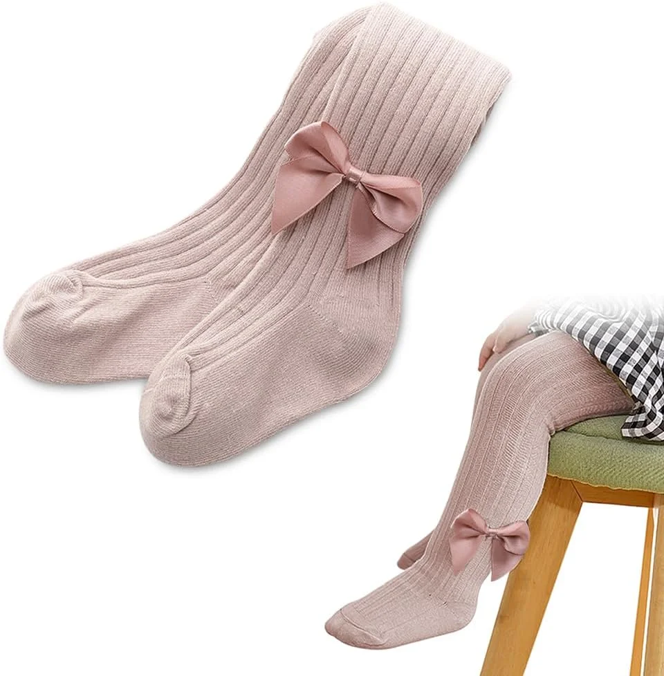 جوراب شلواری نخی کودک SNOWIE SOFT®، شلوار جوراب دار دخترانه با فاق باز، پاپیون زیبا، کمر کشی، جوراب ساق بلند نخی، جوراب شلواری زمستانی گرم و بدون درز دخترانه، هدیه سیسمونی برای نوزاد دختر 12-24 ماهه