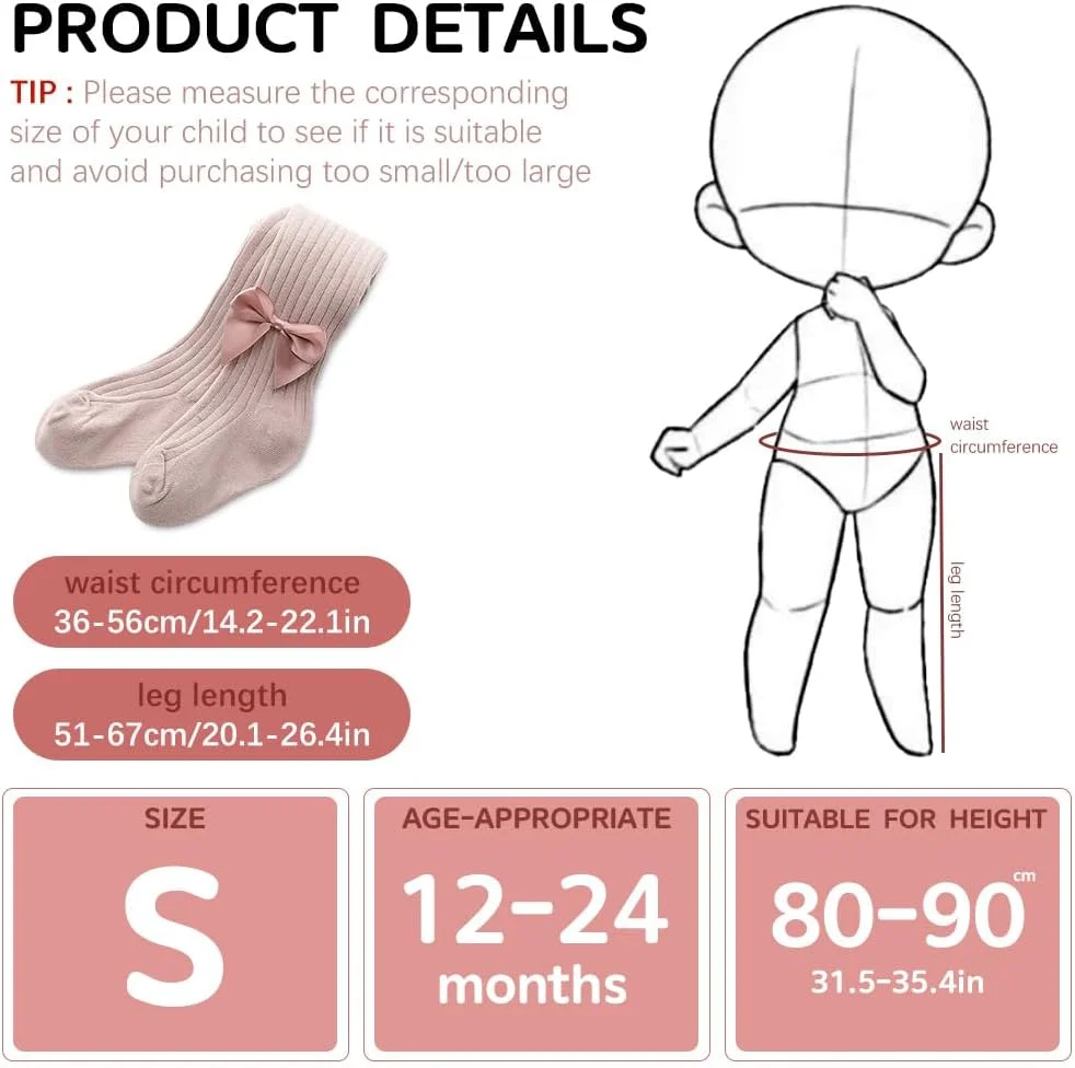 جوراب شلواری نخی کودک SNOWIE SOFT®، شلوار جوراب دار دخترانه با فاق باز، پاپیون زیبا، کمر کشی، جوراب ساق بلند نخی، جوراب شلواری زمستانی گرم و بدون درز دخترانه، هدیه سیسمونی برای نوزاد دختر 12-24 ماهه