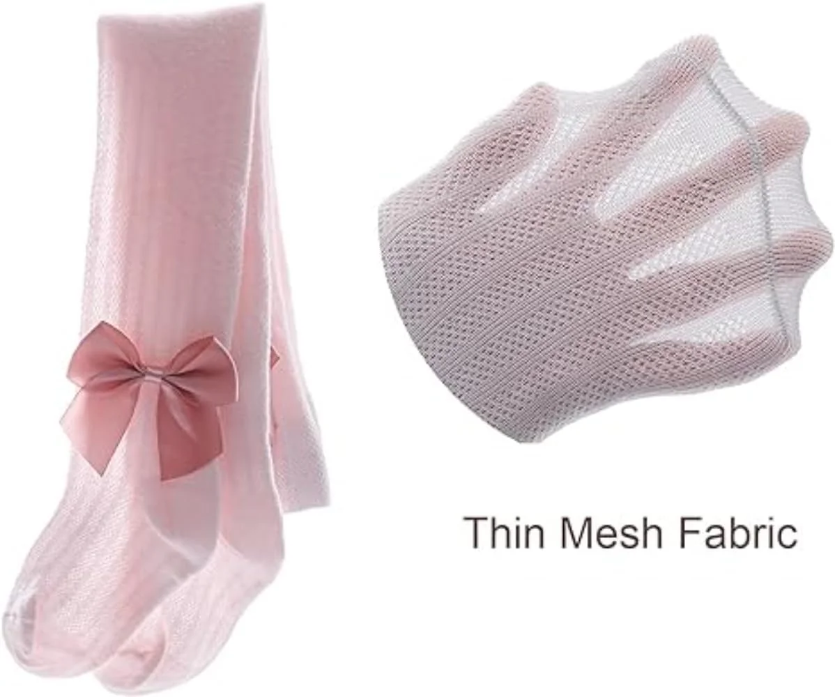 جوراب شلواری نخی دخترانه نوزادی NALACAL، بسته 4 عددی، نازک، توری سوراخ دار تابستانی با پاپیون، شیک و فانتزی، مناسب بهار، تابستان و پاییز، برای دختران نوزاد با قد 90-102 سانتی متر