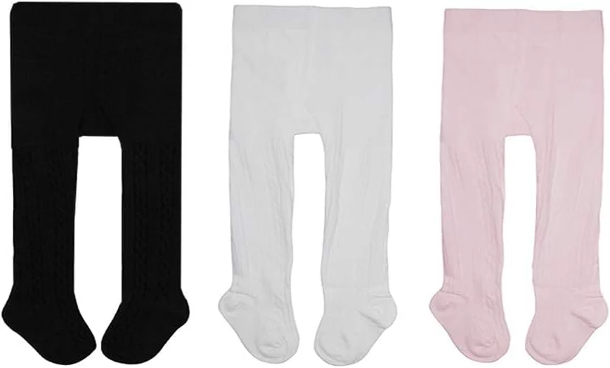 جوراب شلواری بافتنی کابل دار دخترانه Looching، 3 عددی، جوراب شلواری نخی و بامزه، ساق شلواری (4-6 سال، سفید، مشکی، صورتی)