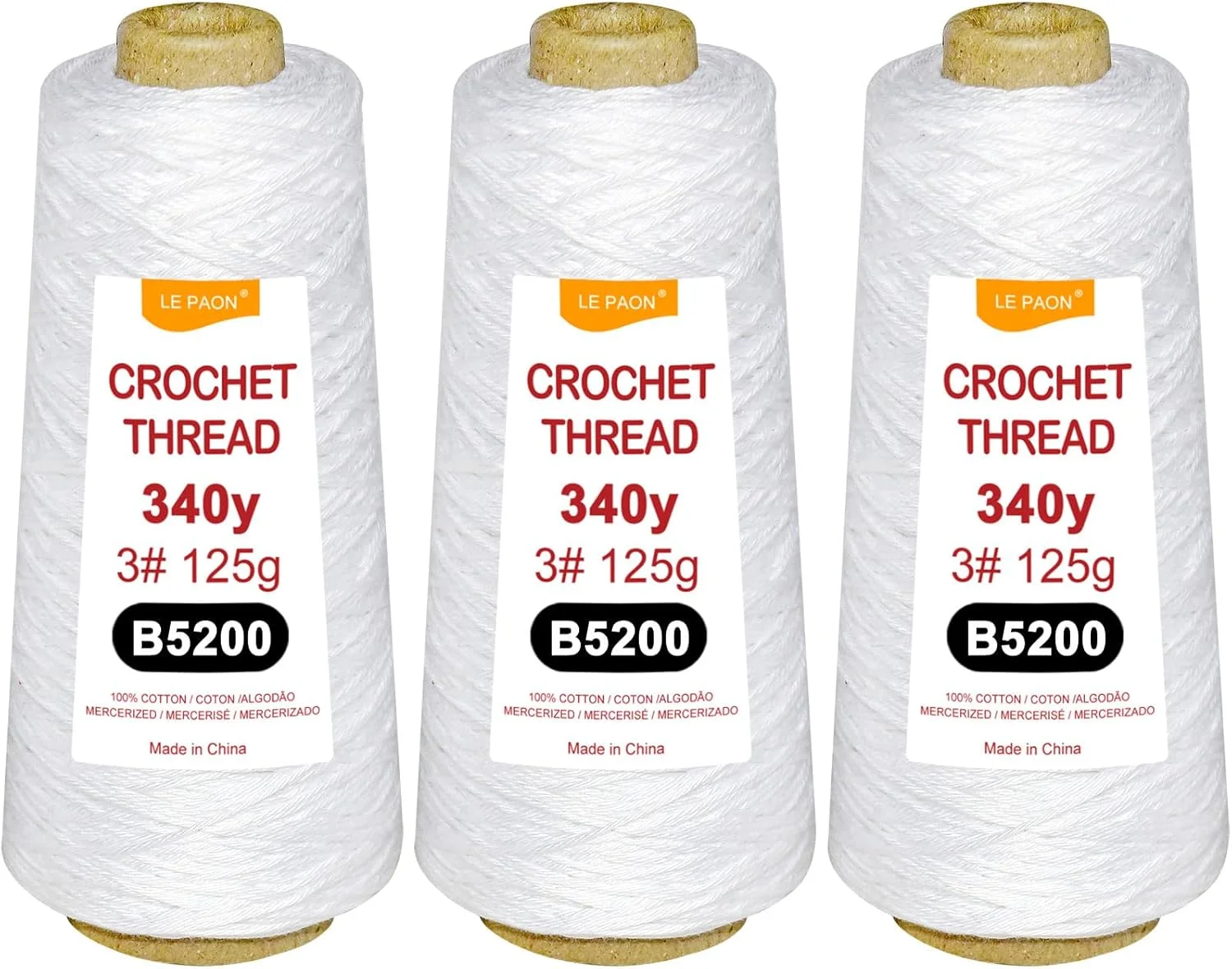 نخ قلاب بافی LE PAON، 3 کله، مجموع 375 گرم، سایز 3، نخ 100% پنبه (B5200,B5200,B5200)