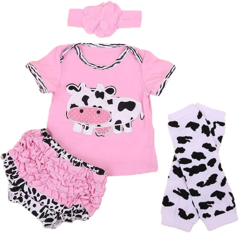 ست لباس 4 تکه طرح گاو صورتی Baby Rae: شامل تیشرت گاو، هدبند، ساق شلواری و شورت
