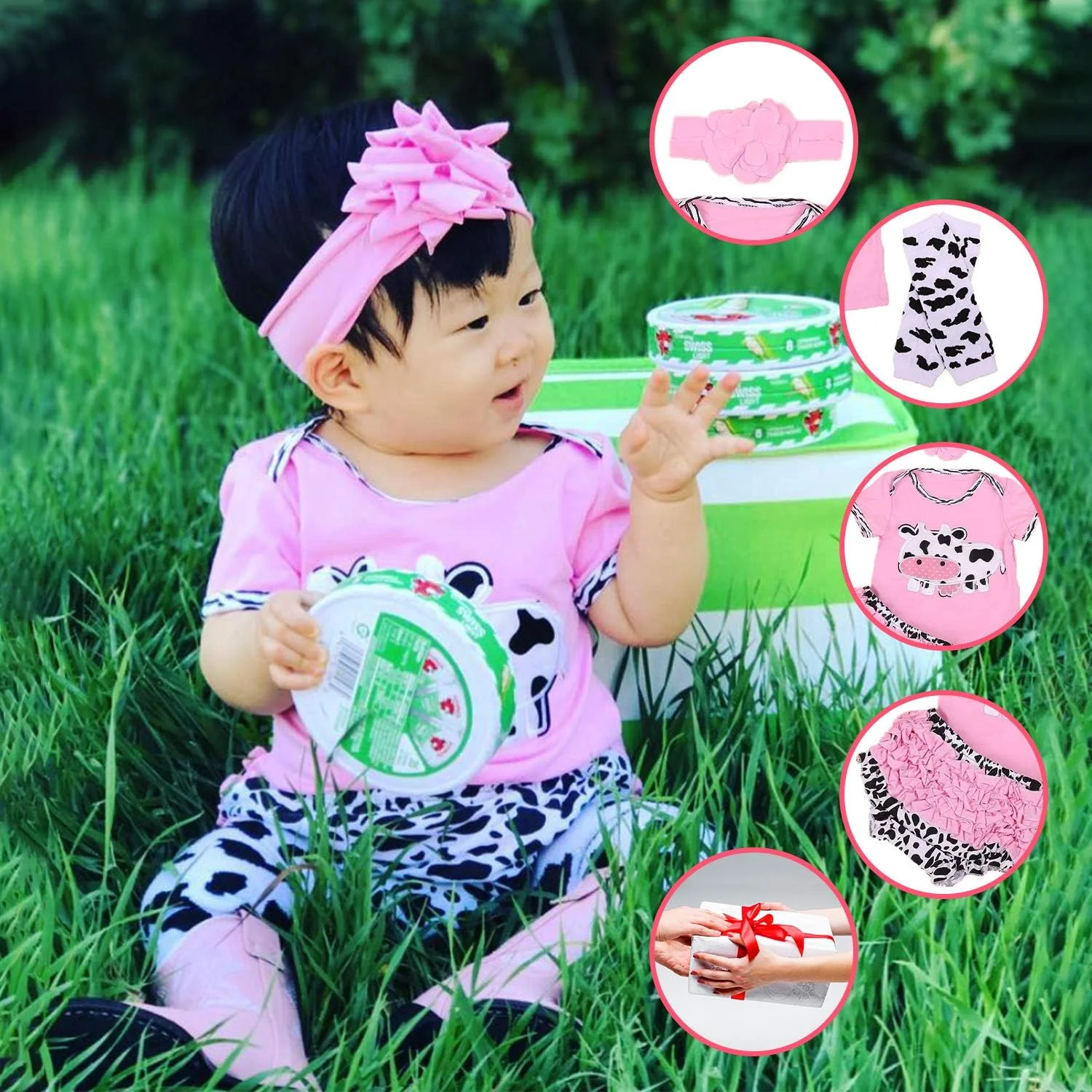ست لباس 4 تکه طرح گاو صورتی Baby Rae: شامل تیشرت گاو، هدبند، ساق شلواری و شورت ست لباس 4 تکه طرح گاو صورتی Baby Rae: شامل تیشرت گاو، هدبند، ساق شلواری و شورت