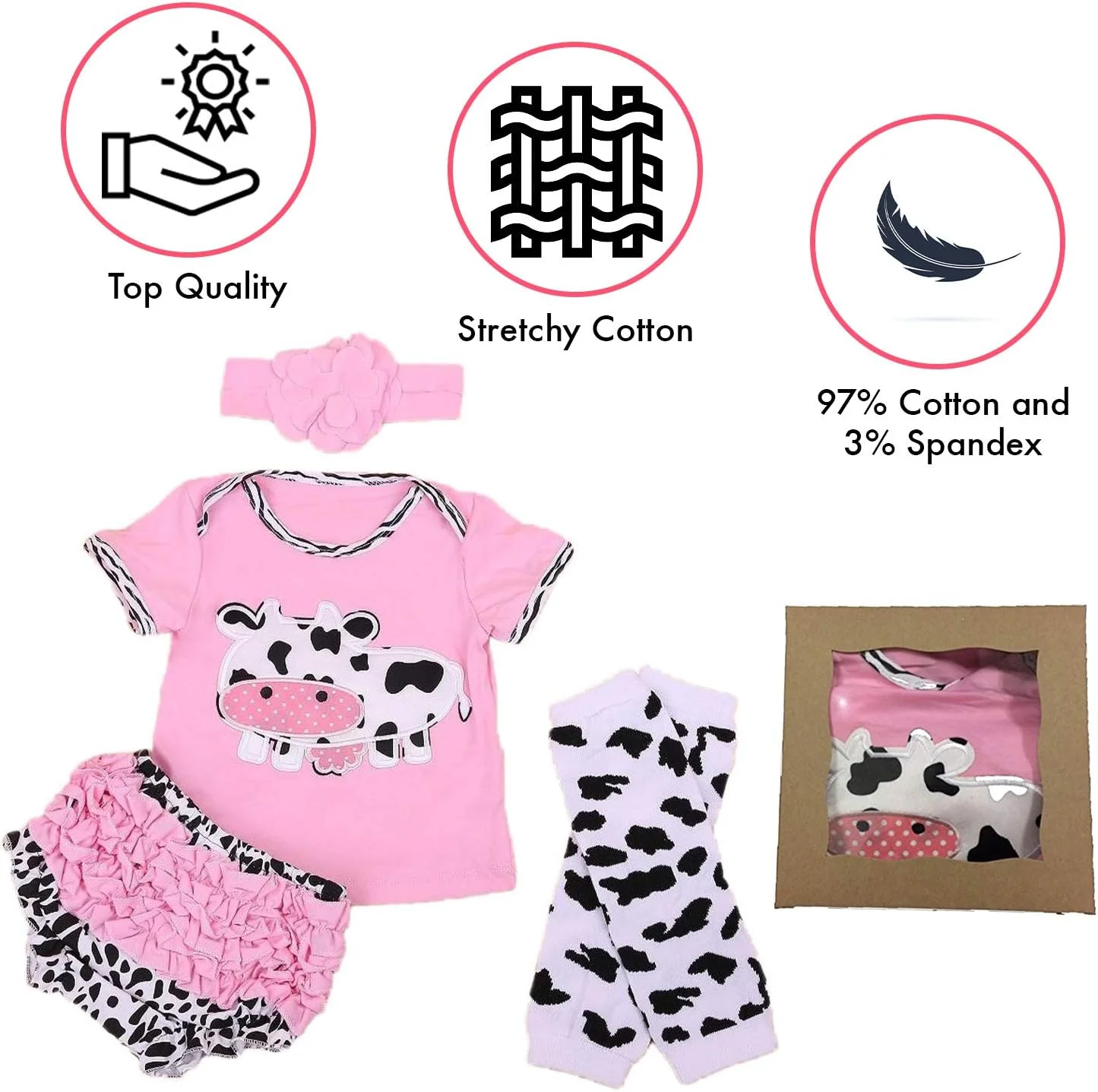 ست لباس 4 تکه طرح گاو صورتی Baby Rae: شامل تیشرت گاو، هدبند، ساق شلواری و شورت ست لباس 4 تکه طرح گاو صورتی Baby Rae: شامل تیشرت گاو، هدبند، ساق شلواری و شورت