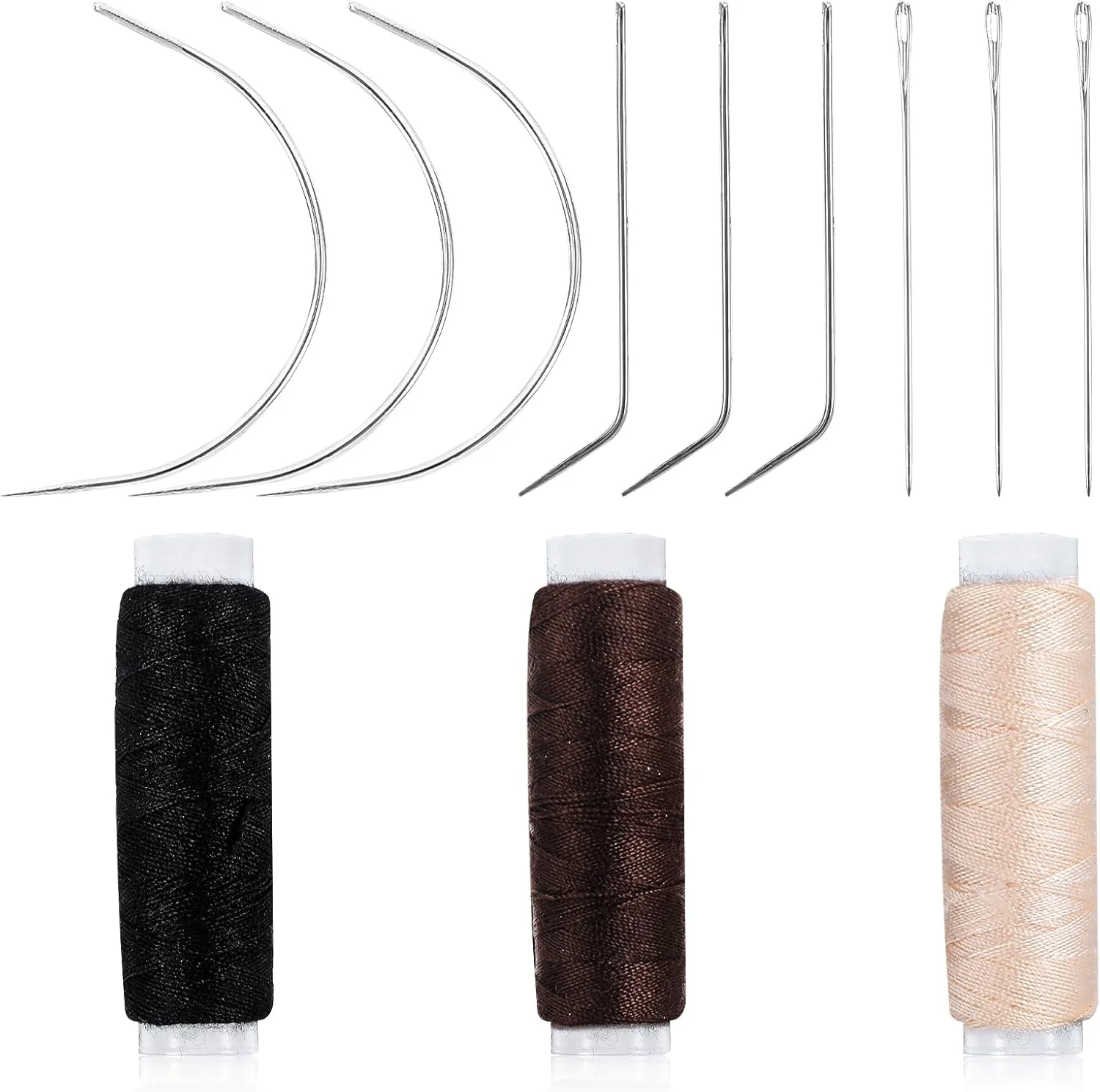 ست سوزن و نخ مو، مناسب برای دوخت مو، ست 12 عددی ابزار اکستنشن مو، سوزن خمیده، نخ بافت برای ساخت کلاه گیس، سوزن و نخ برای دوخت دستی اکستنشن مو
