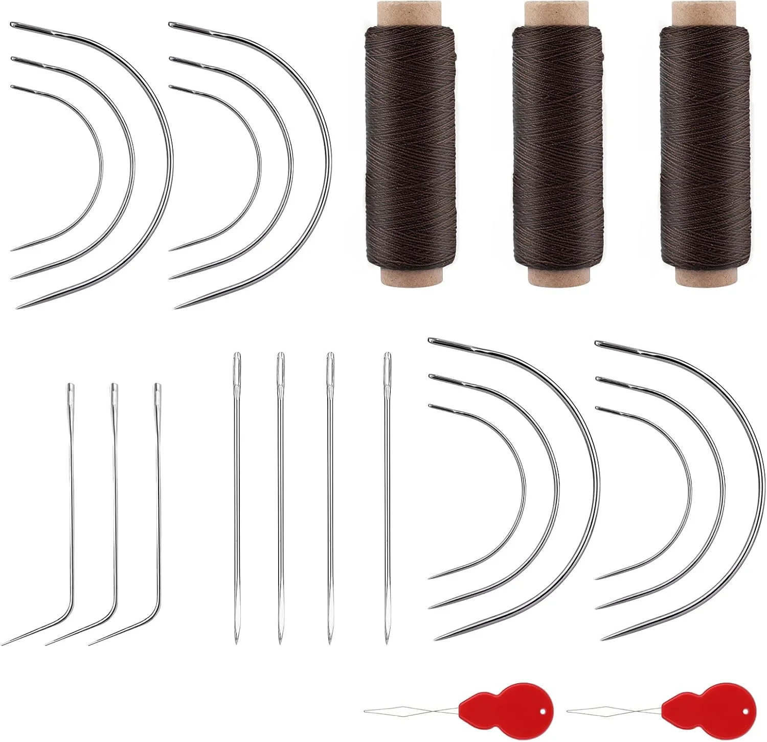 ست 25 عددی نخ و سوزن، شامل سوزن های خمیده، نخ قهوه ای و ابزار بافت به همراه لوازم جانبی و ملزومات خیاطی برای ساخت کلاه گیس، دوخت مو و بافت مو