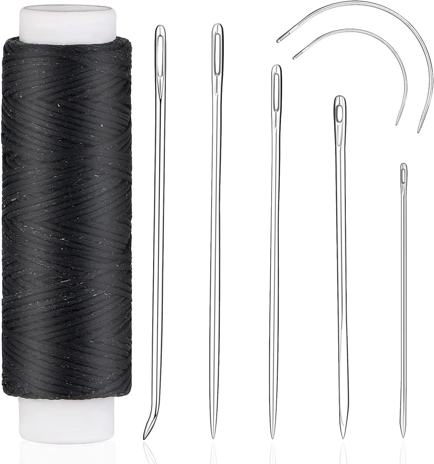 نخ موم زده 32 یاردی MAKINGTEC به همراه 7 عدد سوزن خیاطی دستی چرمی، نخ موم زده تخت 150D و سوزن های تعمیر چرم، نخ موم زده خیاطی چرم، مناسب برای کارهای دستی چرمی (مشکی)