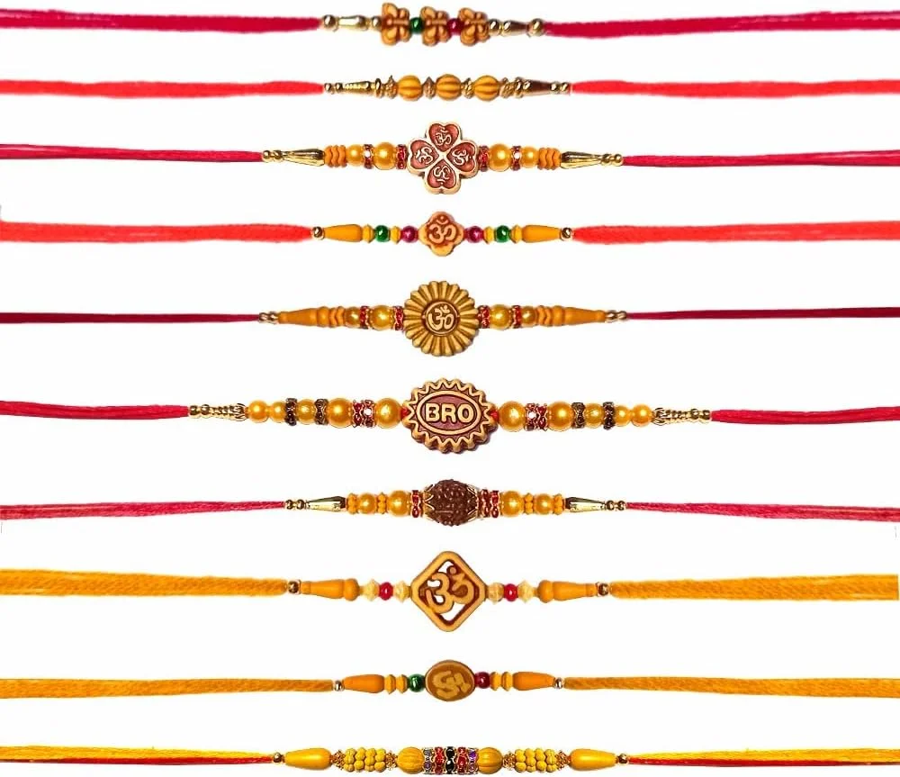 جای شری هندیکرافتس راخی برای برادران برای Raksha Bandan طرح گرد قرمز راخی سنگ مهره طراحی مجموعه راخی 10 عددی
