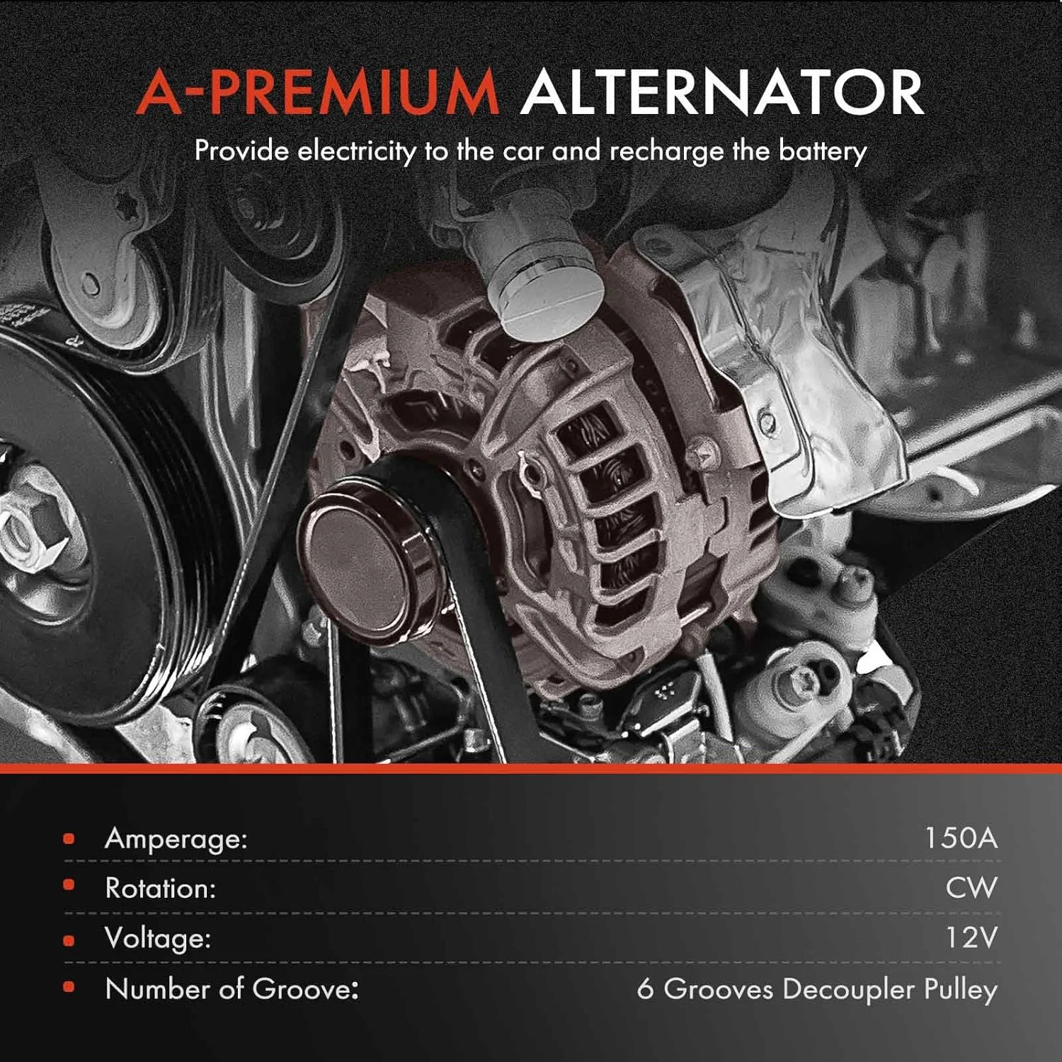 آلترناتور جایگزین A-Premium برای فورد موستانگ 2011-2014، 3.7 لیتر، 150 آمپر/12 ولت، CW، پولی جداکننده 6 شیار