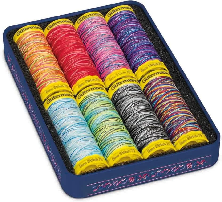 جعبه نخ خیاطی Gütermann Creativ Deco Stitch 70 - نخ های سه بعدی برای درزهای تزئینی و گلدوزی، پلی استر، 8 عدد 70 متری - 1 ست