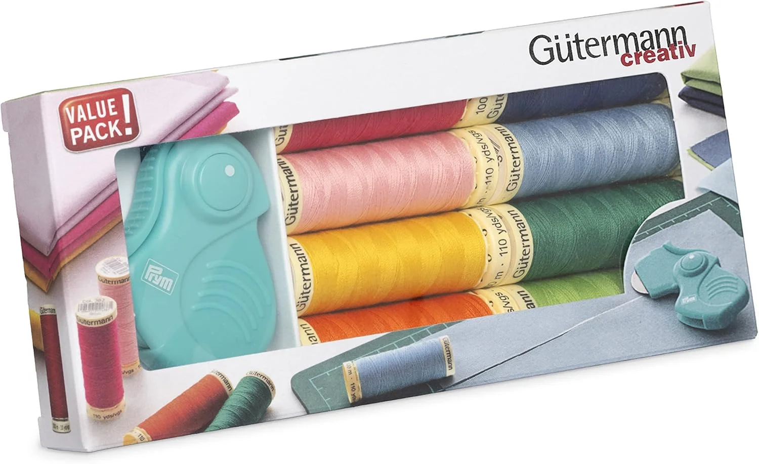 ست نخ خیاطی Gütermann creativ با 8 قرقره نخ Sew-All 100 متری در رنگ های روشن + یک کاتر چرخشی تاشو از PRYM.