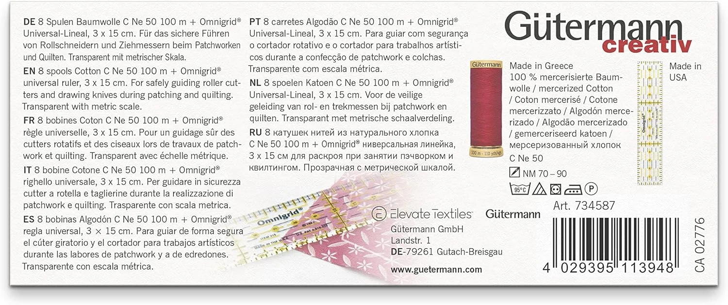 ست نخ خیاطی Gütermann creativ با 8 قرقره نخ پنبه ای C Ne 50 100 متری در رنگ های روشن + یک خط کش جهانی Omnigrid®، 3 × 15 سانتی متر ست نخ خیاطی Gütermann creativ با 8 قرقره نخ پنبه ای C Ne 50 100 متری در رنگ های روشن + یک خط کش جهانی Omnigrid®، 3 × 15 سانتی متر