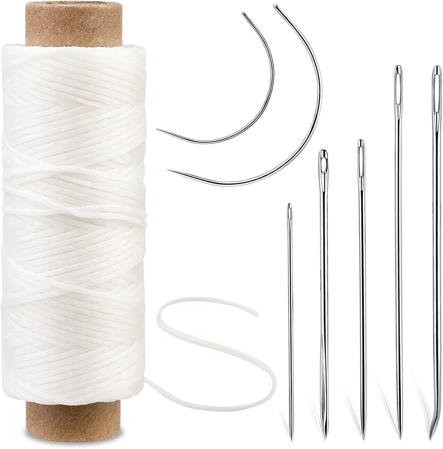 نخ موم زده 54 یاردی Ftyiwu با سوزن های خیاطی دستی چرم، نخ دوخت چرم و سوزن های خیاطی برای تعمیر و دوخت چرم، بوم، فرش و اثاثه یا لوازم داخلی منزل (سفید اصلی)