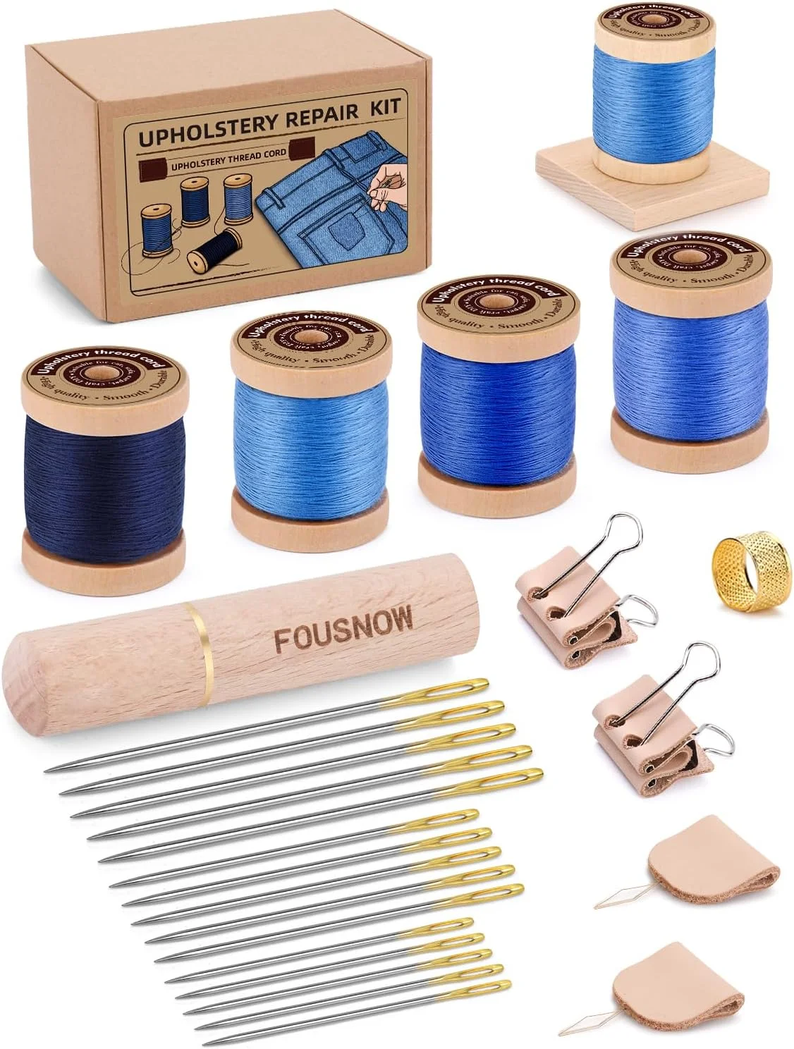 کیت تعمیر روکش FOUSNOW، کیت خیاطی با نخ های خیاطی آبی، کیت خیاطی حرفه ای سنگین برای تعمیرات خانگی، خیاطی لباس های جین، کیف های جین، ژاکت، کفش، صنایع دستی کیف پول