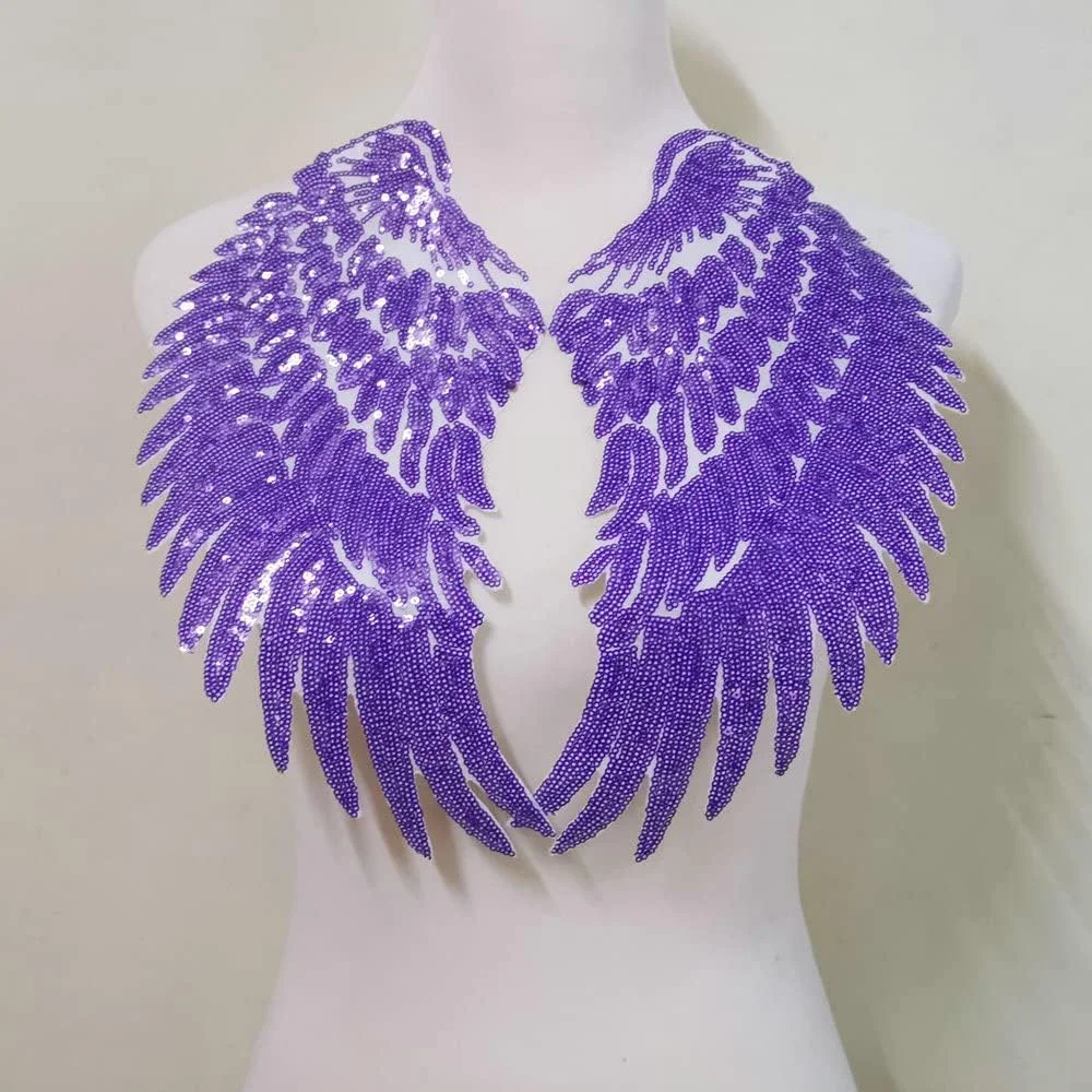 یک جفت تکه های پولک دار بال فرشته طلایی/نقره ای مد روز برای لباس، تکه دوزی گلدوزی شده اتو کردنی، لوازم جانبی DIY کریسمس (بنفش تیره)