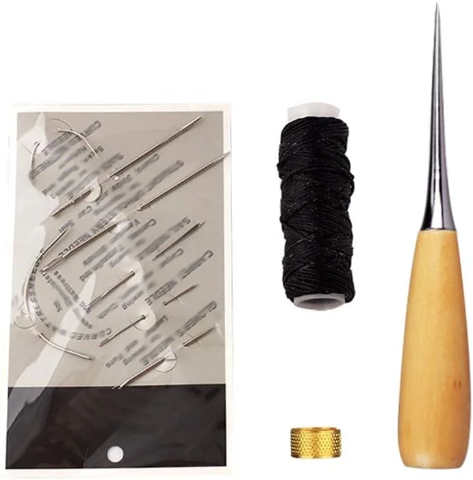 ابزار تعمیرات فاونوو، سوزن های خیاطی دستی روکش منحنی شکل به همراه نخ موم زده، 1 عدد مشکی، درفش سوراخ کاری و انگشتانه برای تعمیر