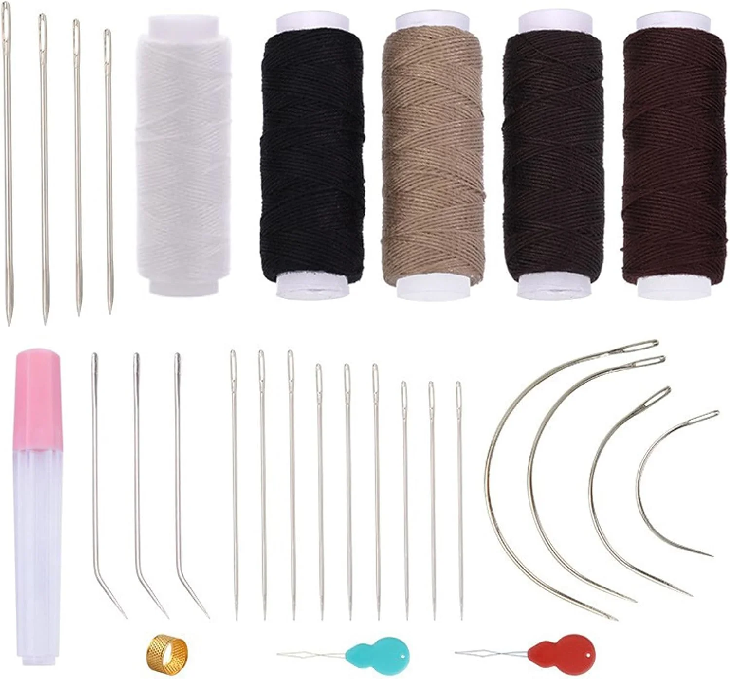 کیت خیاطی اکستنشن مو، 29 تکه با سوزن های بافت، نخ های چند رنگ، سوزن نخ کن، ابزار ساخت کلاه گیس
