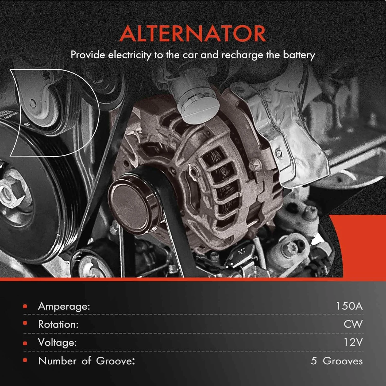 آلترناتور ممتاز سازگار با کادیلاک SRX 2004-2006 4.6L، STS 2005 4.6L، STS 2006 4.4L/4.6L، 12 ولت 150 آمپر پولی 5 شیار جهت عقربه‌های ساعت، جایگزین# 1042103261، 1042103260، 25756440، 90295538، 1042103260