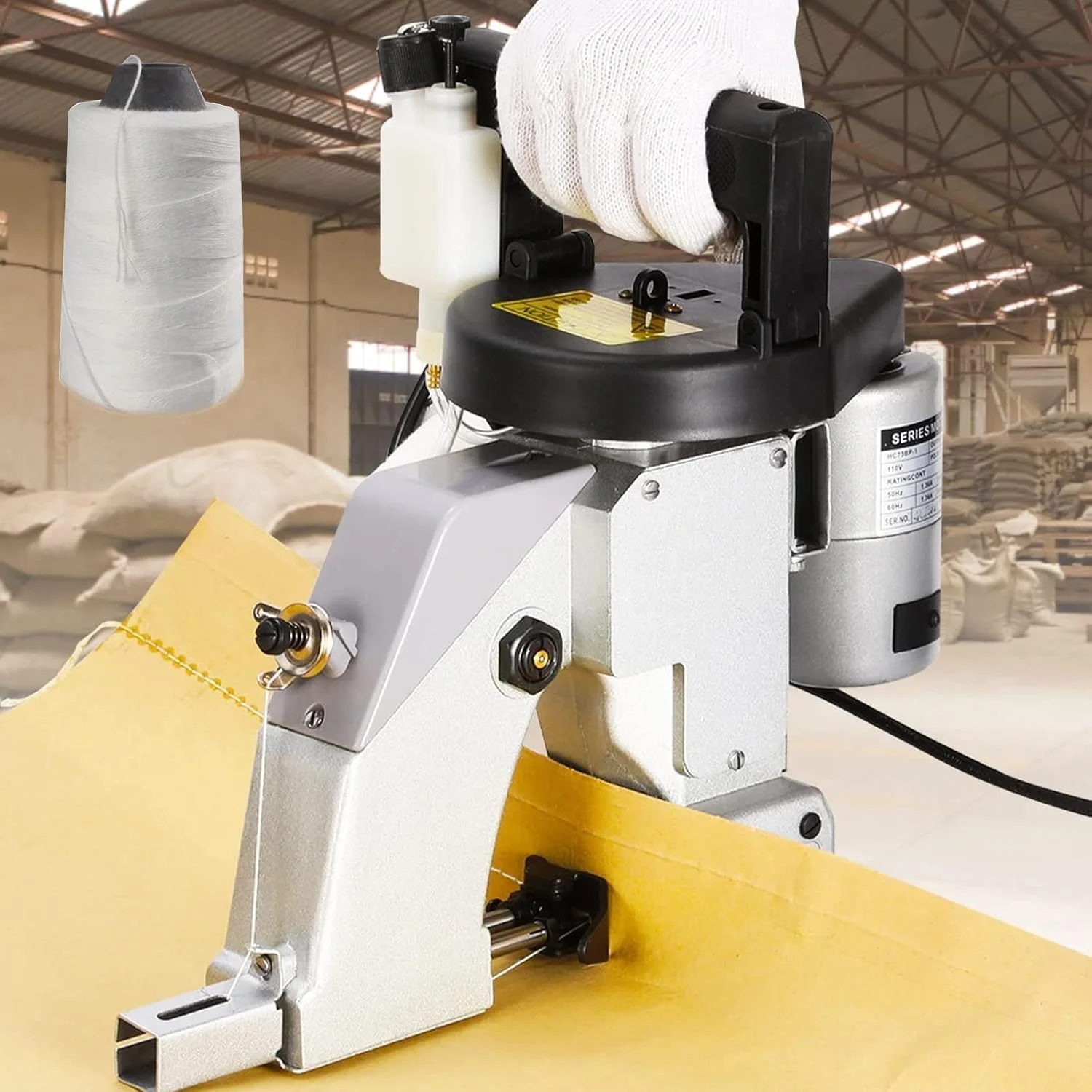 دستگاه کیسه دوز برقی emobwdy | دستگاه پلمپ صنعتی با سرعت 1250 دور در دقیقه | دستگاه دوخت کیسه بافته شده همراه با نخ دوخت، نقره ای