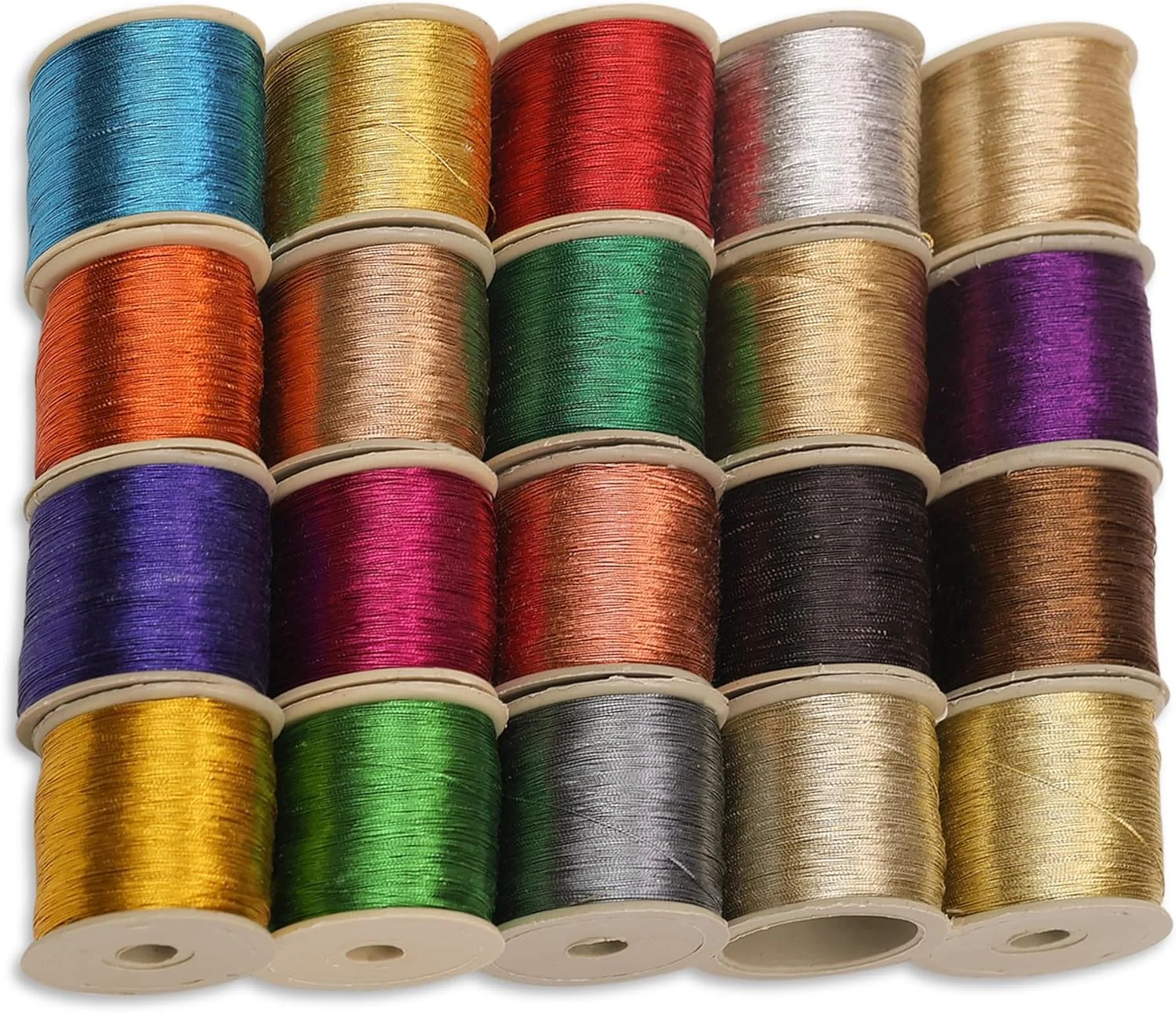 ست نخ زری متالیک گلدوزی Embroiderymaterial برای گلدوزی، خیاطی و جواهرسازی، چند رنگ | 20 رول (ضخامت 0.1 میلی متر / طول 85 متر)