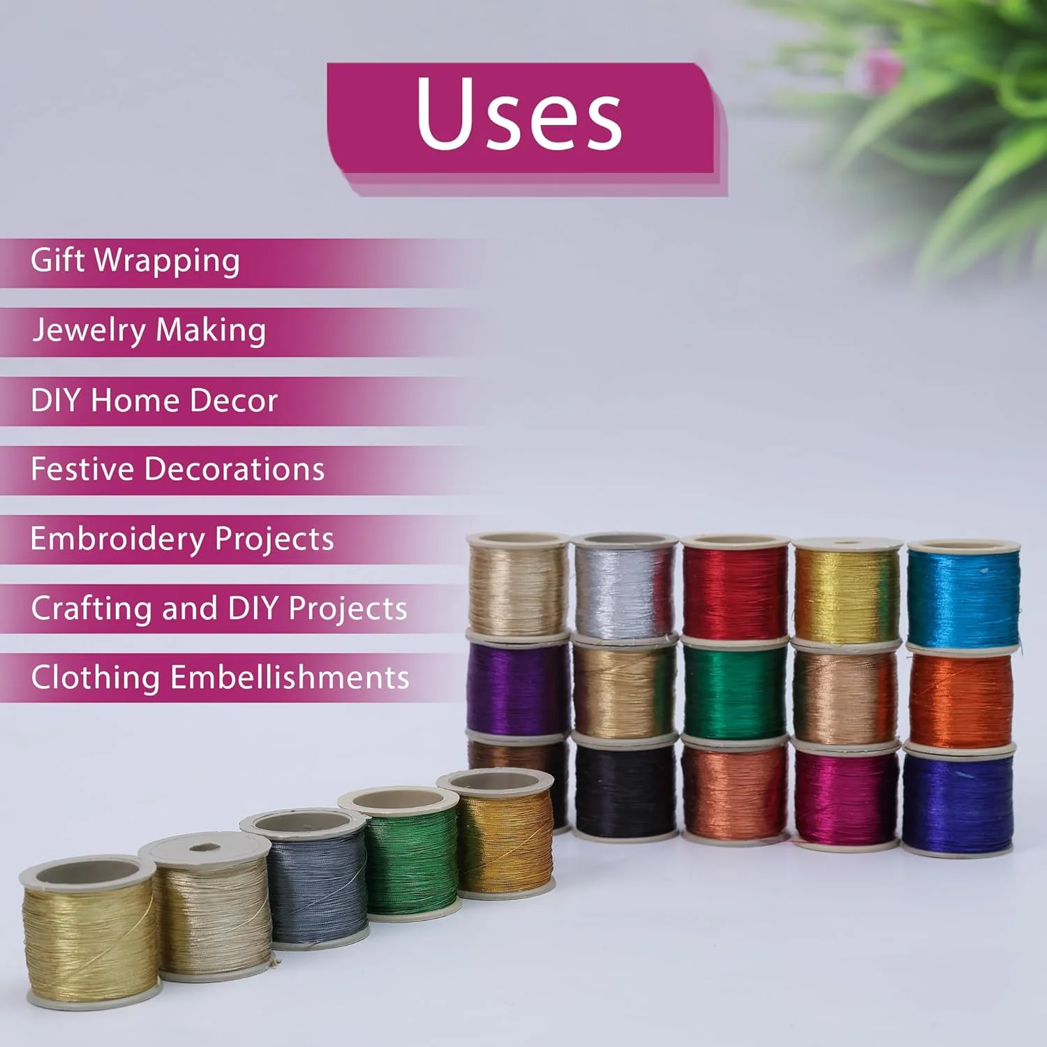 ست نخ زری متالیک گلدوزی Embroiderymaterial برای گلدوزی، خیاطی و جواهرسازی، چند رنگ | 20 رول (ضخامت 0.1 میلی متر / طول 85 متر)