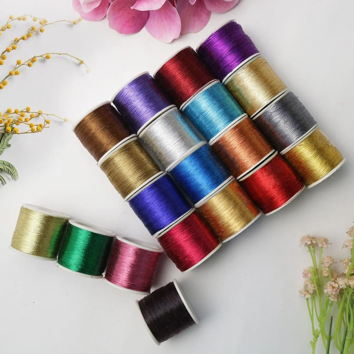 ست نخ زری متالیک گلدوزی Embroiderymaterial برای گلدوزی، خیاطی و جواهرسازی، چند رنگ | 20 رول (ضخامت 0.1 میلی متر / طول 85 متر)
