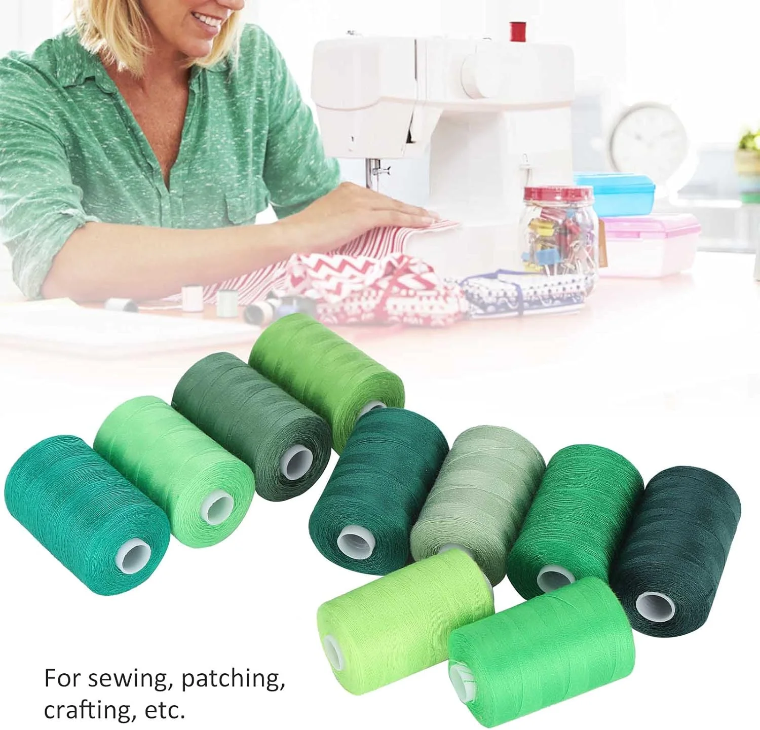 نخ گلدوزی سری سبز، 10 رنگ خیاطی 100 یارد، نخ سردوز چند منظوره پلی استر مجموعه 10 قرقره برای ماشین خیاطی DIY، ماشین گلدوزی، دست