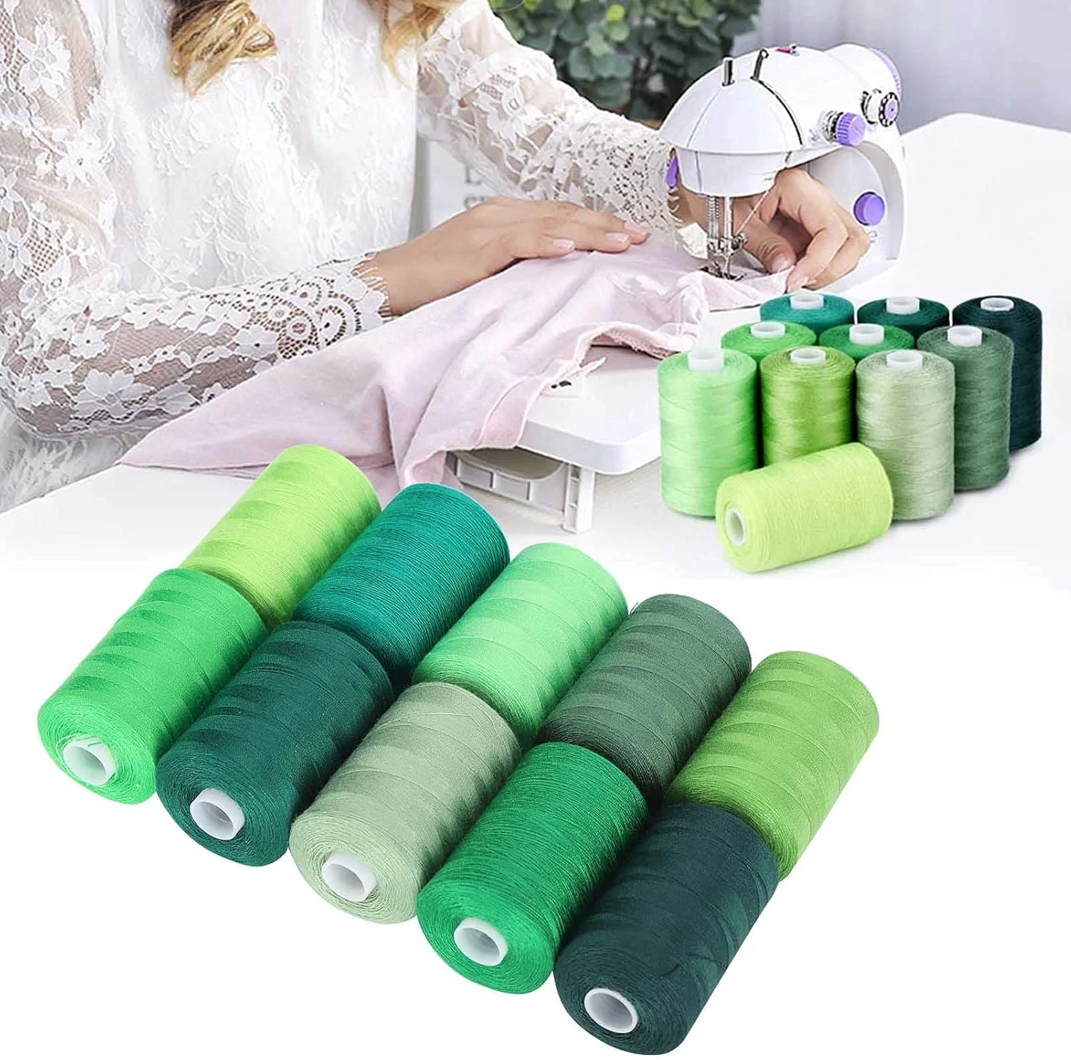 نخ گلدوزی سری سبز، 10 رنگ خیاطی 100 یارد، نخ سردوز چند منظوره پلی استر مجموعه 10 قرقره برای ماشین خیاطی DIY، ماشین گلدوزی، دست