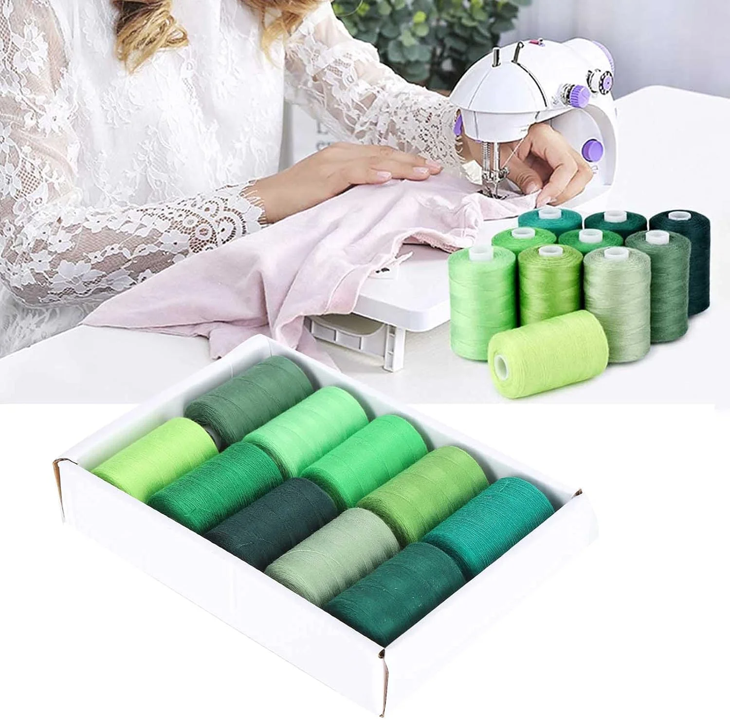 نخ گلدوزی سری سبز، 10 رنگ خیاطی 100 یارد، نخ سردوز چند منظوره پلی استر مجموعه 10 قرقره برای ماشین خیاطی DIY، ماشین گلدوزی، دست