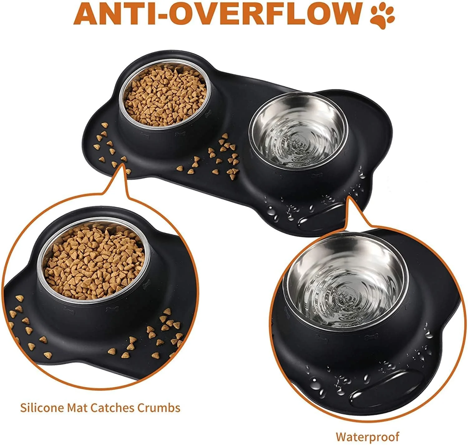 ظروف استیل غذای سگ و گربه مومو بیر - ست 2 تایی ظرف غذا و آب با سینی سیلیکونی ضد لغزش و بدون ریخت و پاش