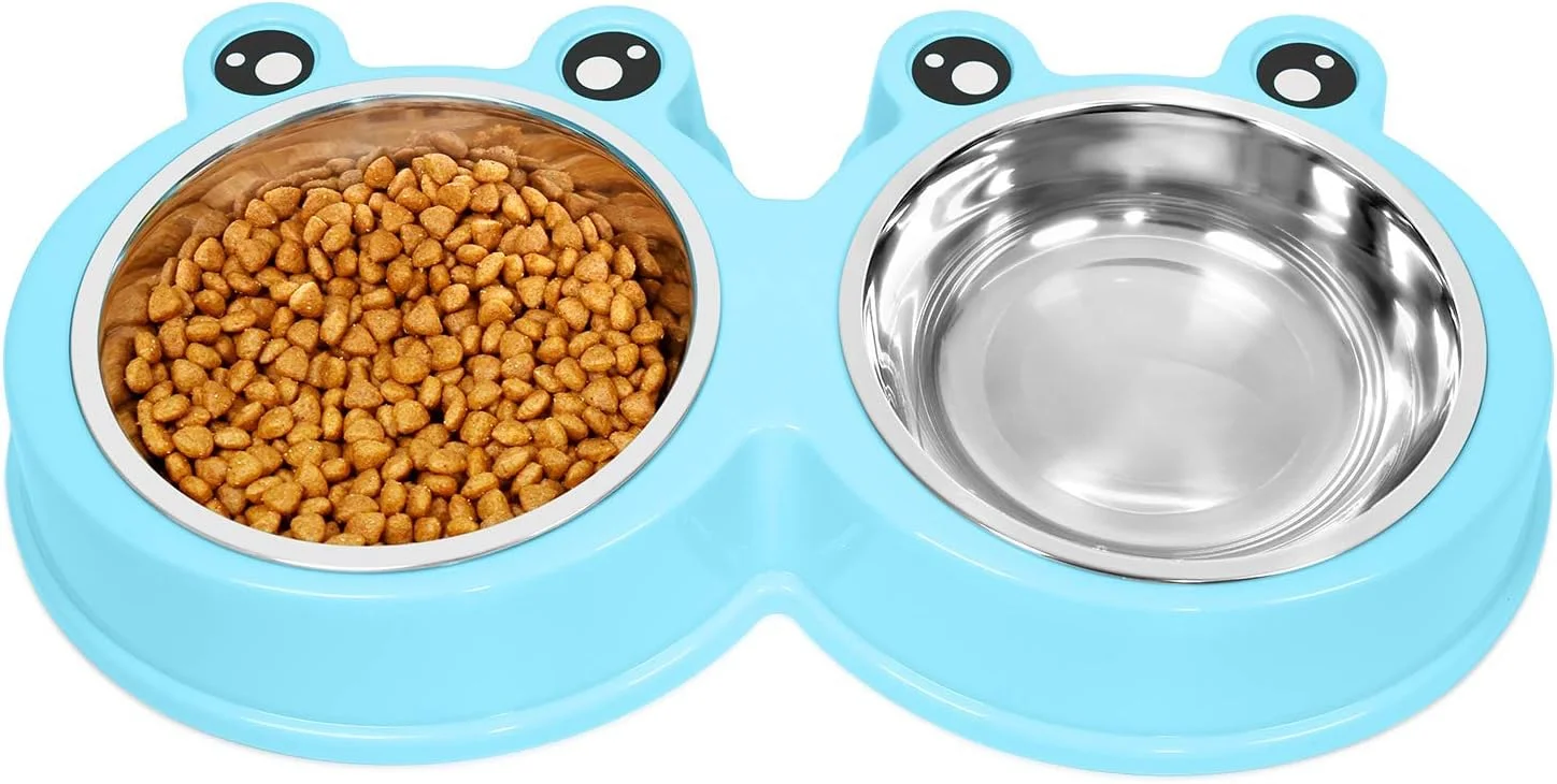ظرف غذای دوتایی گربه Mumoo Bear، مدل بامزه، ظرف آب و غذا، بدون لغزش، استیل ضد زنگ، مناسب خرگوش و حیوانات خانگی، آبی