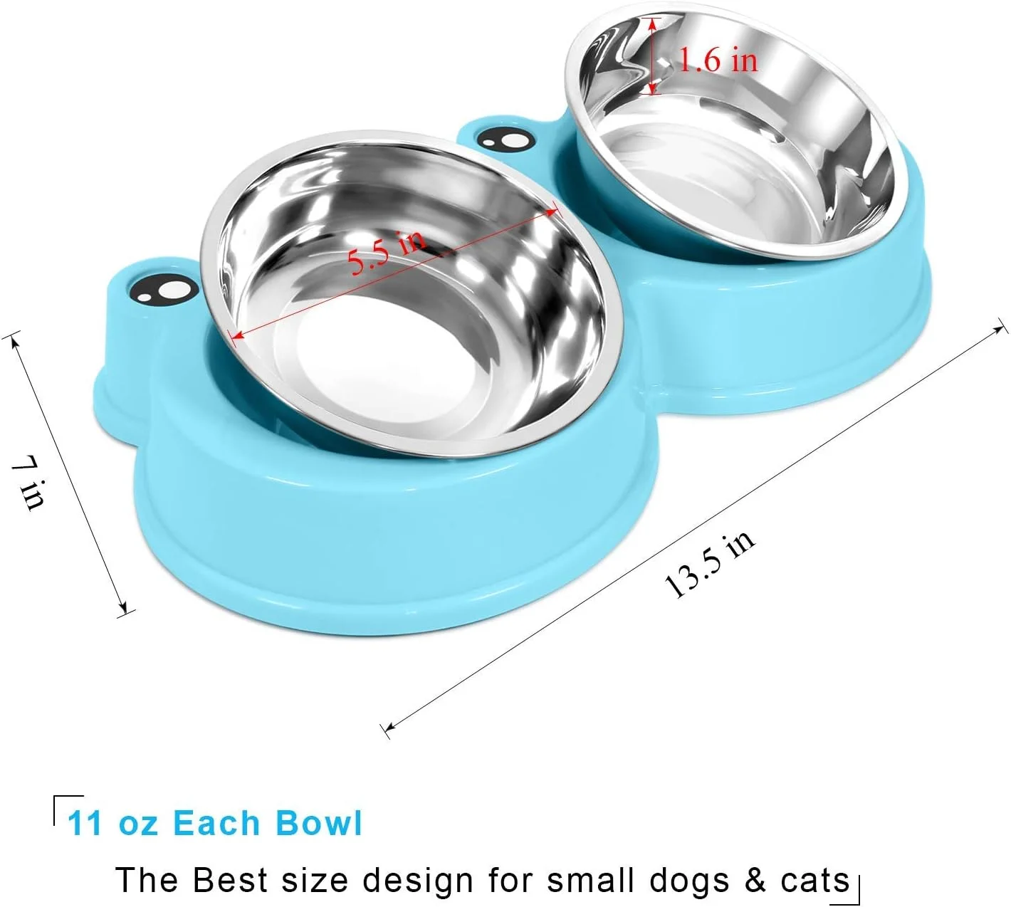 ظرف غذای دوتایی گربه Mumoo Bear، مدل بامزه، ظرف آب و غذا، بدون لغزش، استیل ضد زنگ، مناسب خرگوش و حیوانات خانگی، آبی