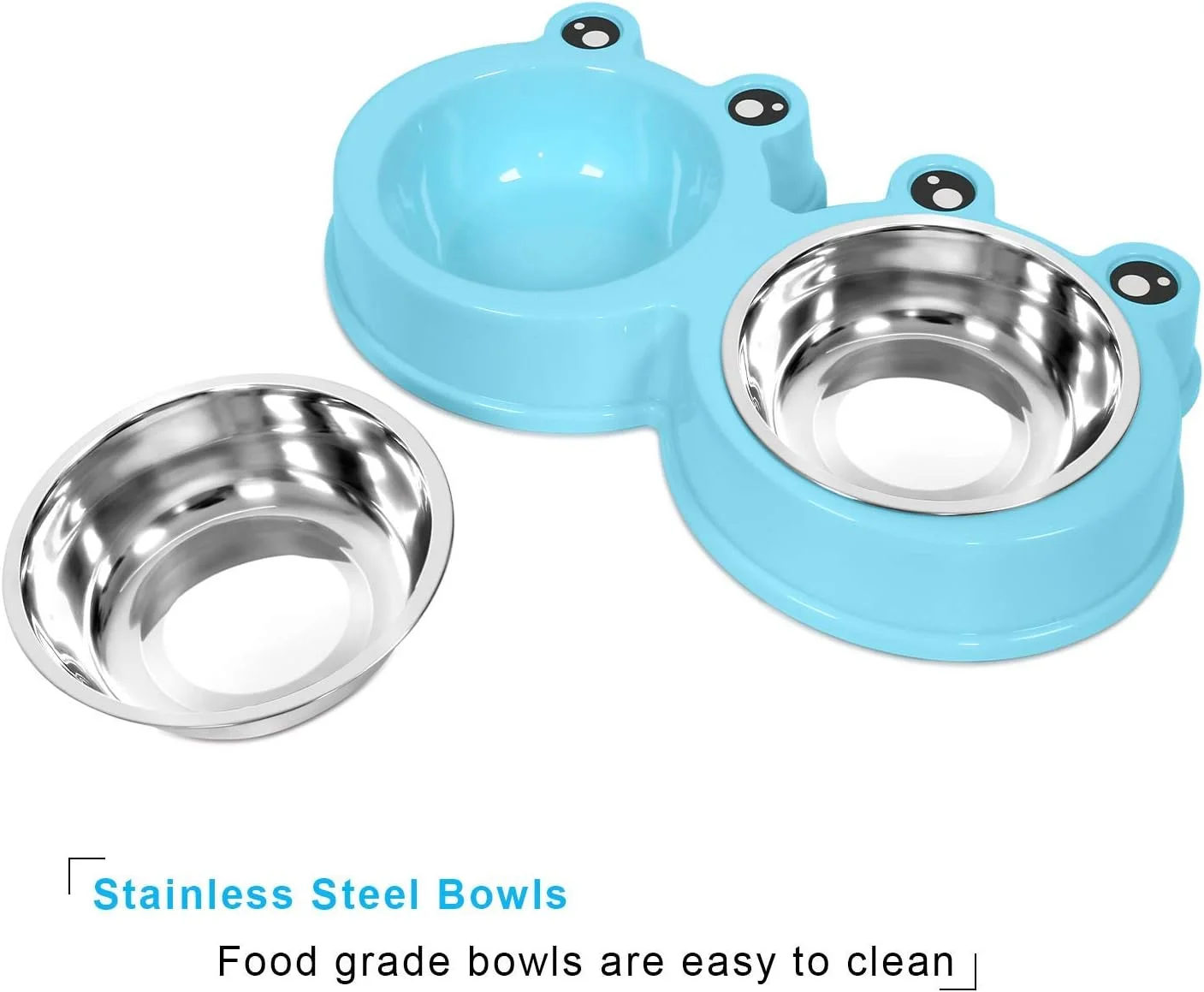 ظرف غذای دوتایی گربه Mumoo Bear، مدل بامزه، ظرف آب و غذا، بدون لغزش، استیل ضد زنگ، مناسب خرگوش و حیوانات خانگی، آبی