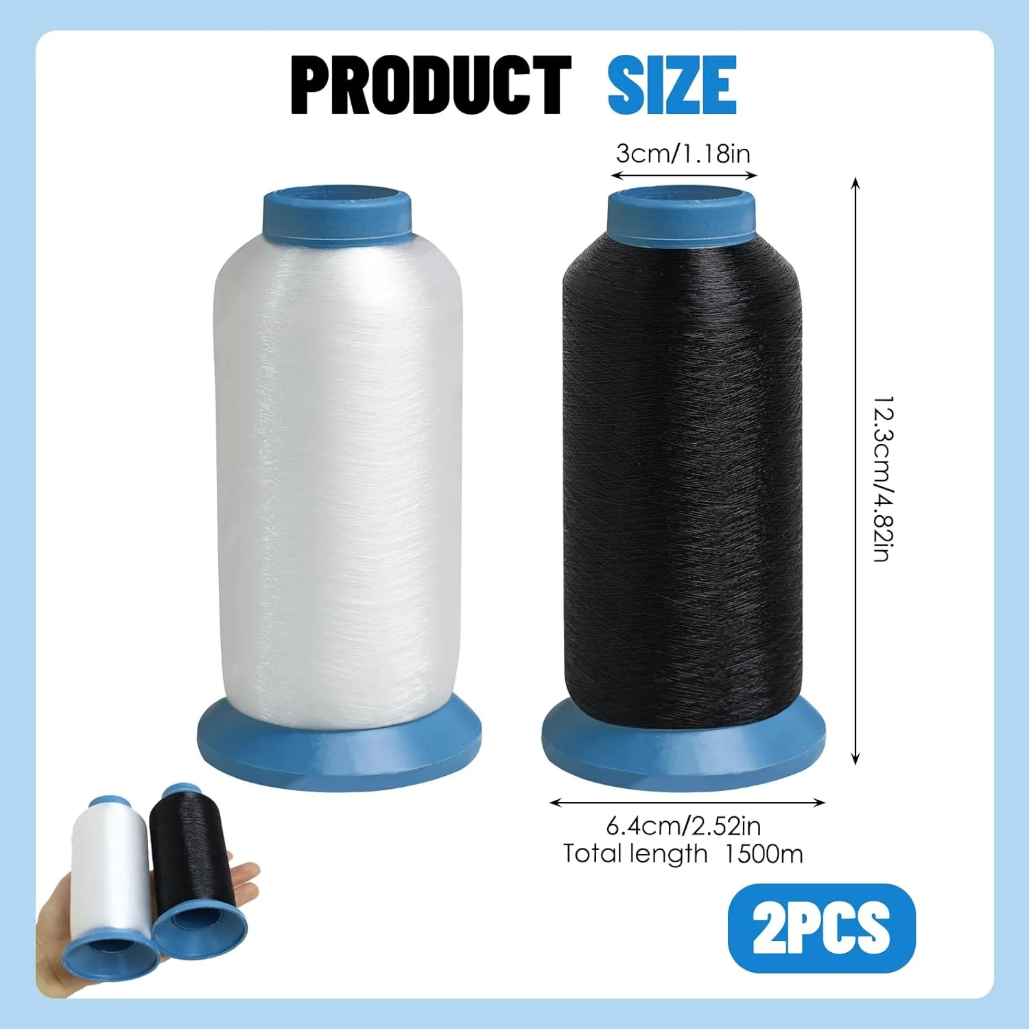 ست 2 عددی نخ گلدوزی 5000 متری (سیاه + سفید) برای ماشین های گلدوزی و چرخ خیاطی، ماسوره های نایلونی، استحکام بالا و ضد الکتریسیته ساکن، برای گلدوزی و خیاطی DIY