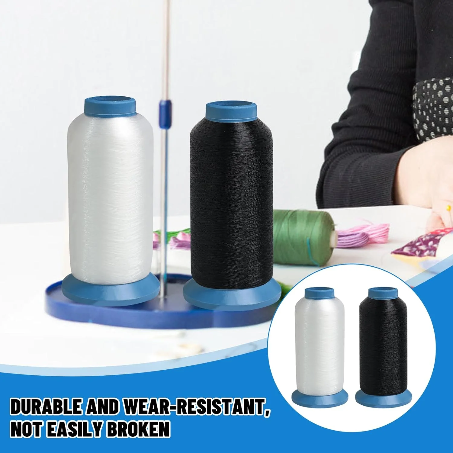 ست 2 عددی نخ گلدوزی 5000 متری (سیاه + سفید) برای ماشین های گلدوزی و چرخ خیاطی، ماسوره های نایلونی، استحکام بالا و ضد الکتریسیته ساکن، برای گلدوزی و خیاطی DIY