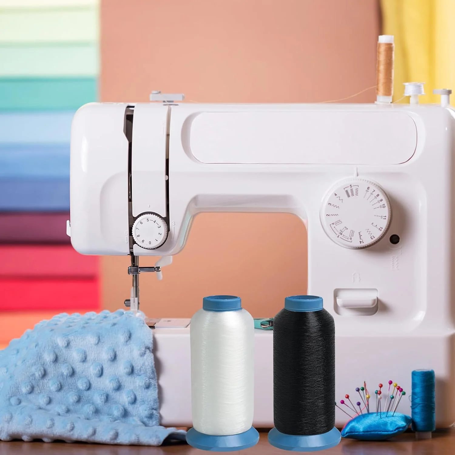 ست 2 عددی نخ گلدوزی 5000 متری (سیاه + سفید) برای ماشین های گلدوزی و چرخ خیاطی، ماسوره های نایلونی، استحکام بالا و ضد الکتریسیته ساکن، برای گلدوزی و خیاطی DIY