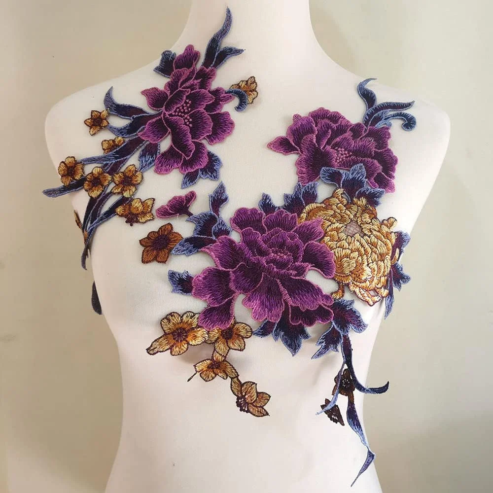 2 عدد تکه دوزی سه بعدی گلدوزی شده، برچسب تکه گل برای لباس، نشان، لوازم پارچه دوزی (بنفش / زرد)
