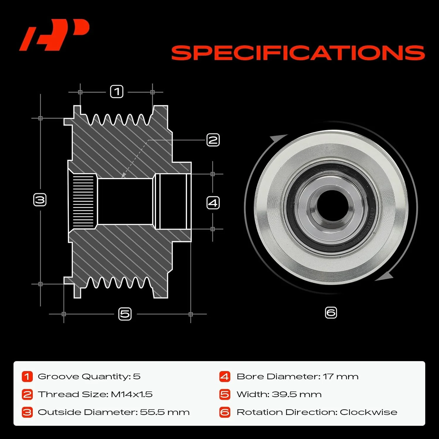 پولی کلاچ دینام A-Premium سازگار با ولوو C70 2006، S40 2004-2006، V50 2005-2006، 2.4L 2.5L، 5 شیار جهت عقربه های ساعت